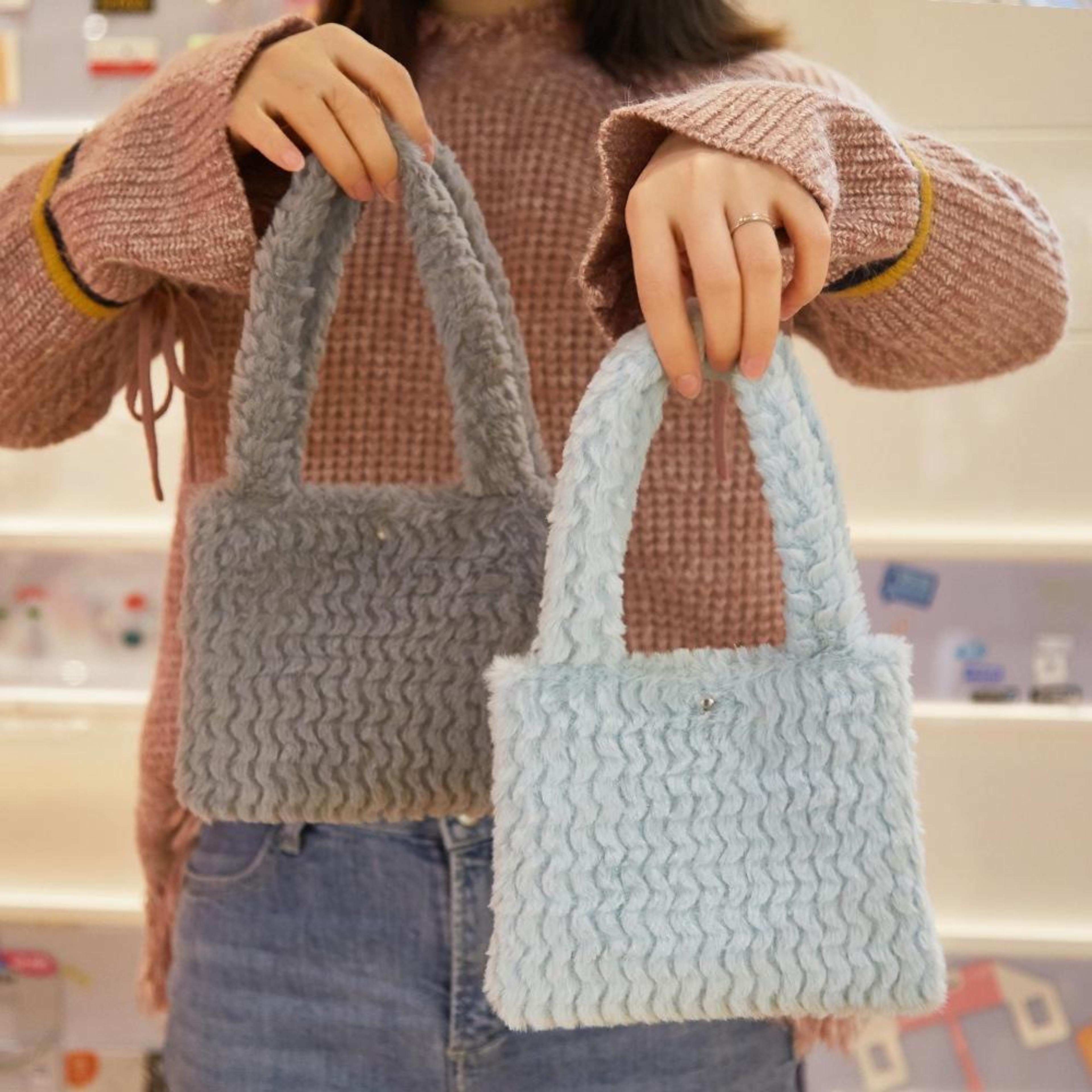 soft plush plaid handbag cozy winter small tote bag for women