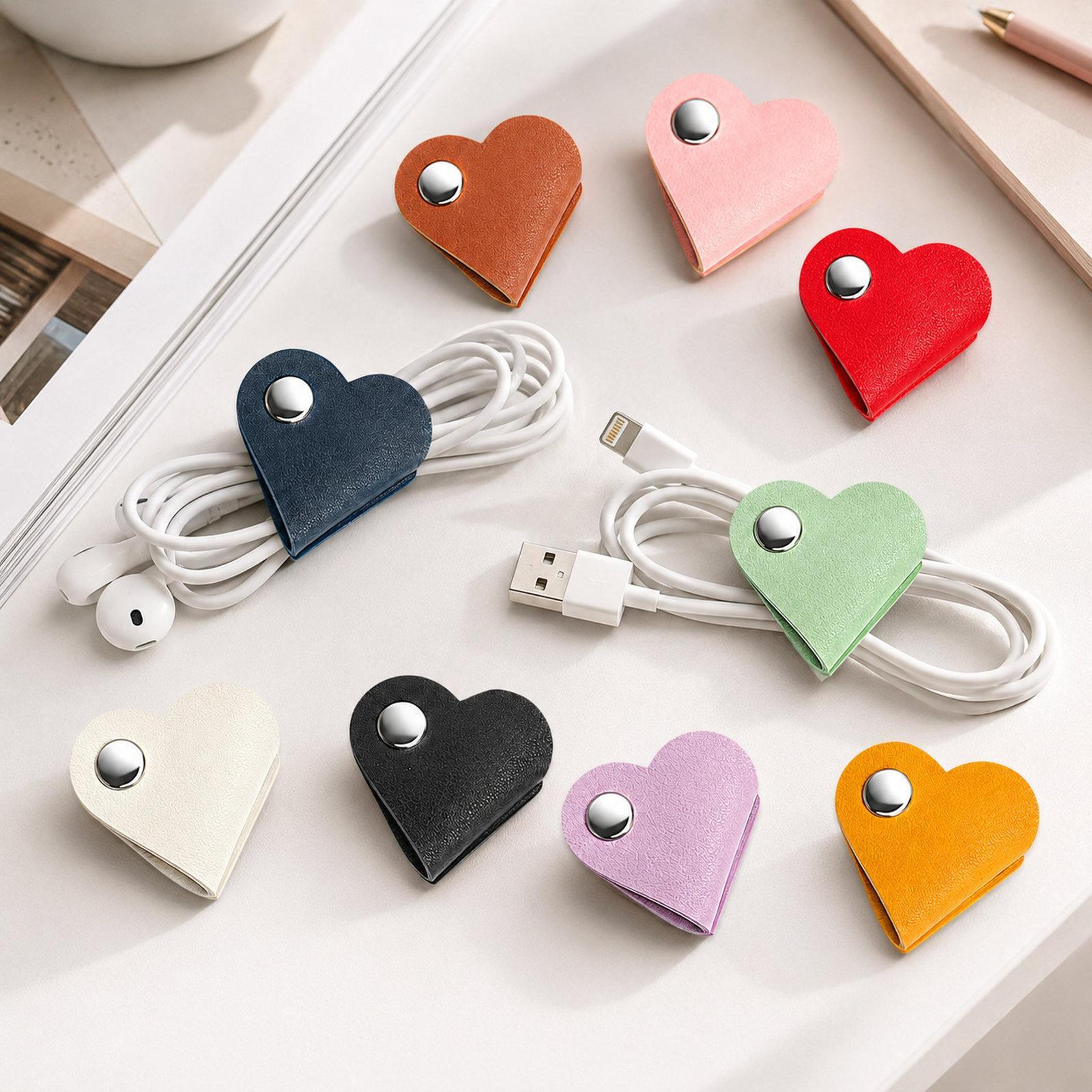 9pcs heart cord organizer pu leather cable straps reusable wire holder for charging cables and earphones