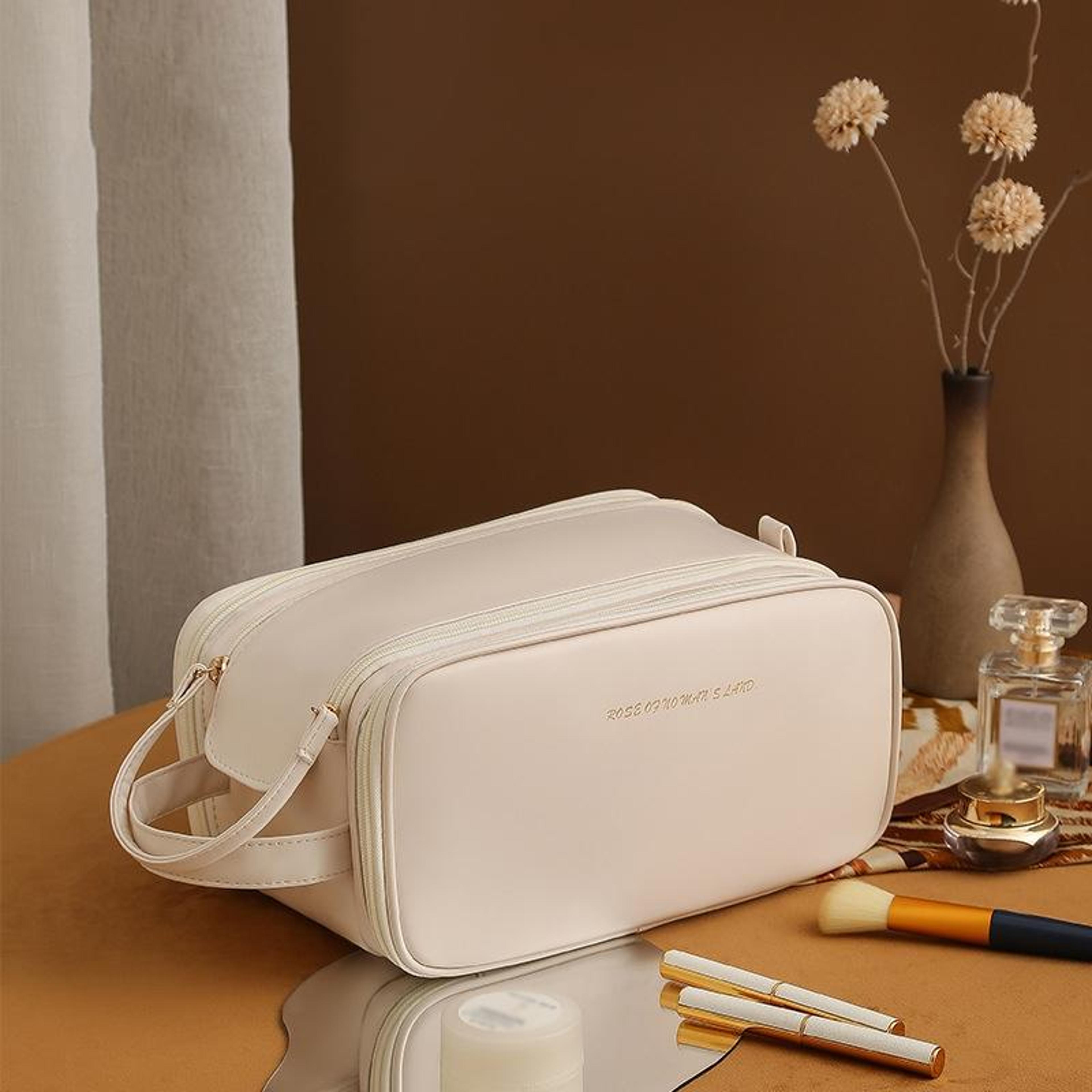 large capacity travel cosmetic bag pu leather makeup organizer with wide u shaped opening