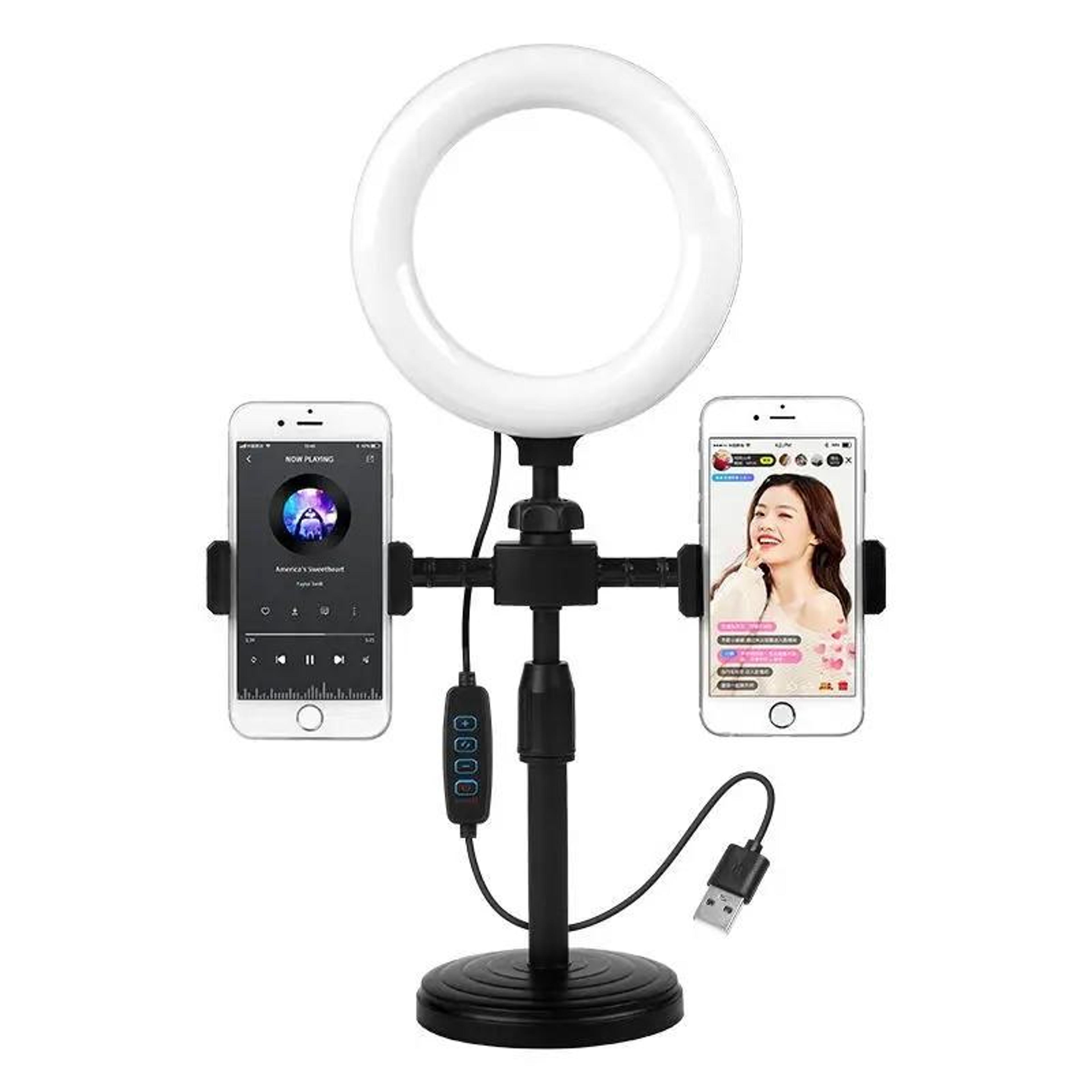 dual phone live streaming stand with ring light adjustable phone holder for content creators