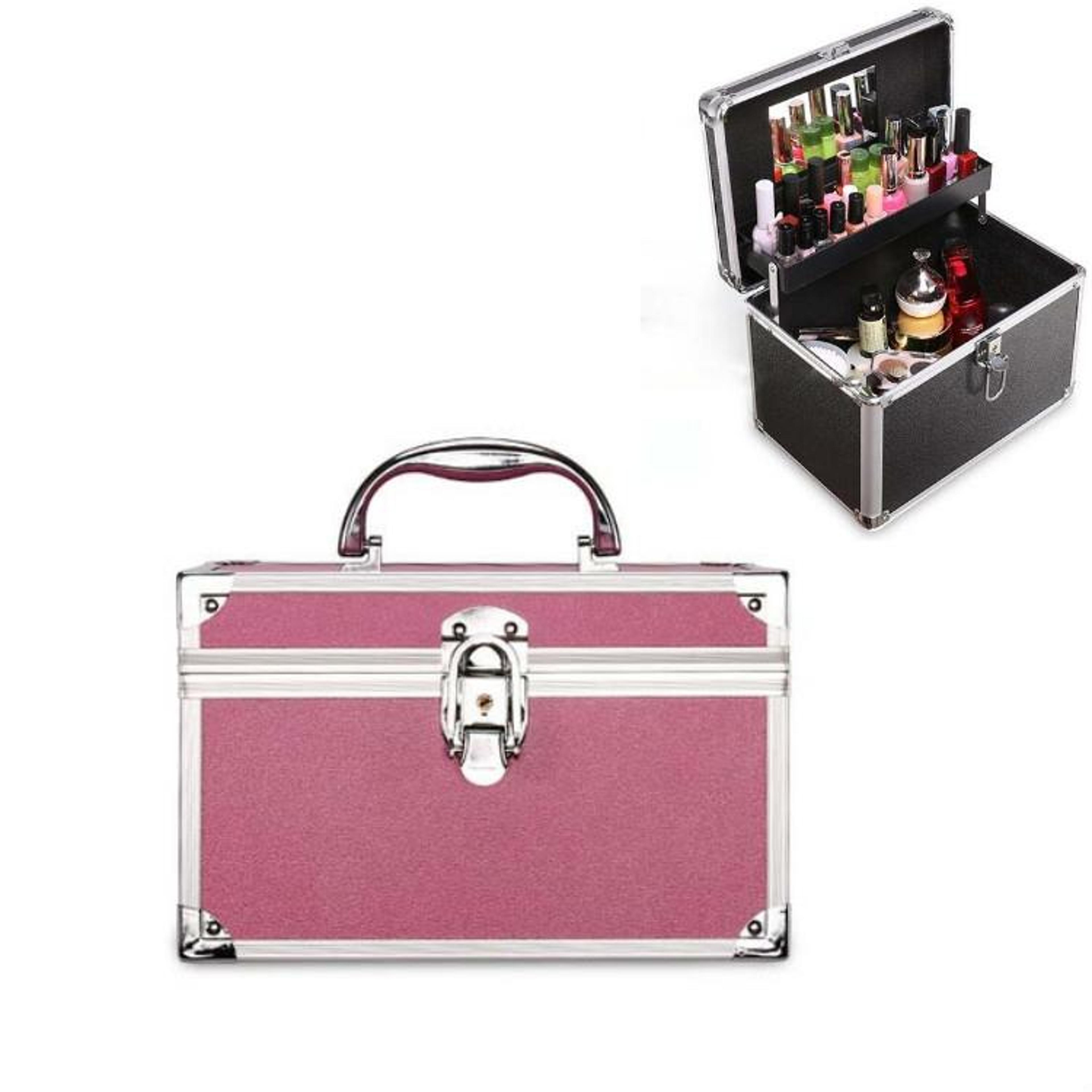 professional makeup train case portable cosmetic storage box with mirror and lock