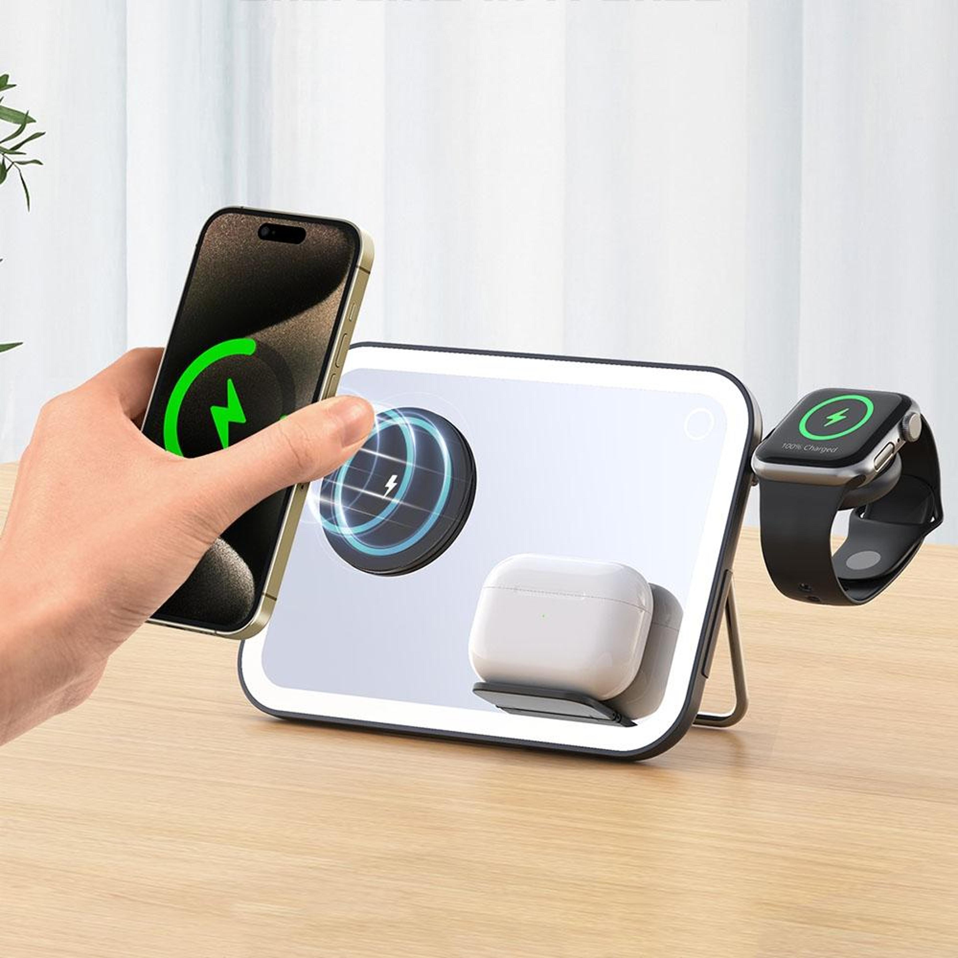 3 in 1 magsafe charger foldable wireless charging station with led makeup mirror and night light