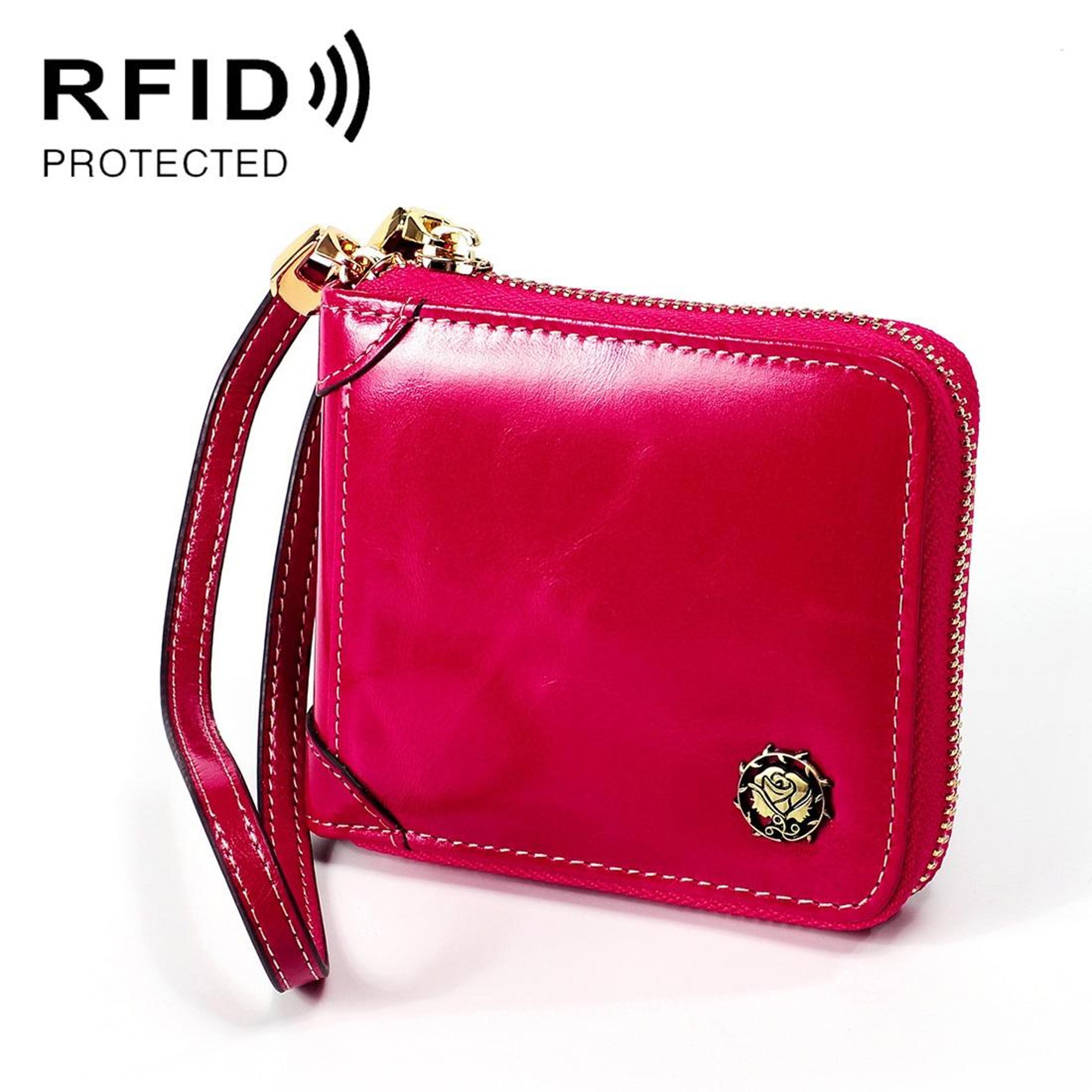rfid blocking genuine leather women's zip wallet with lanyard card holder purse