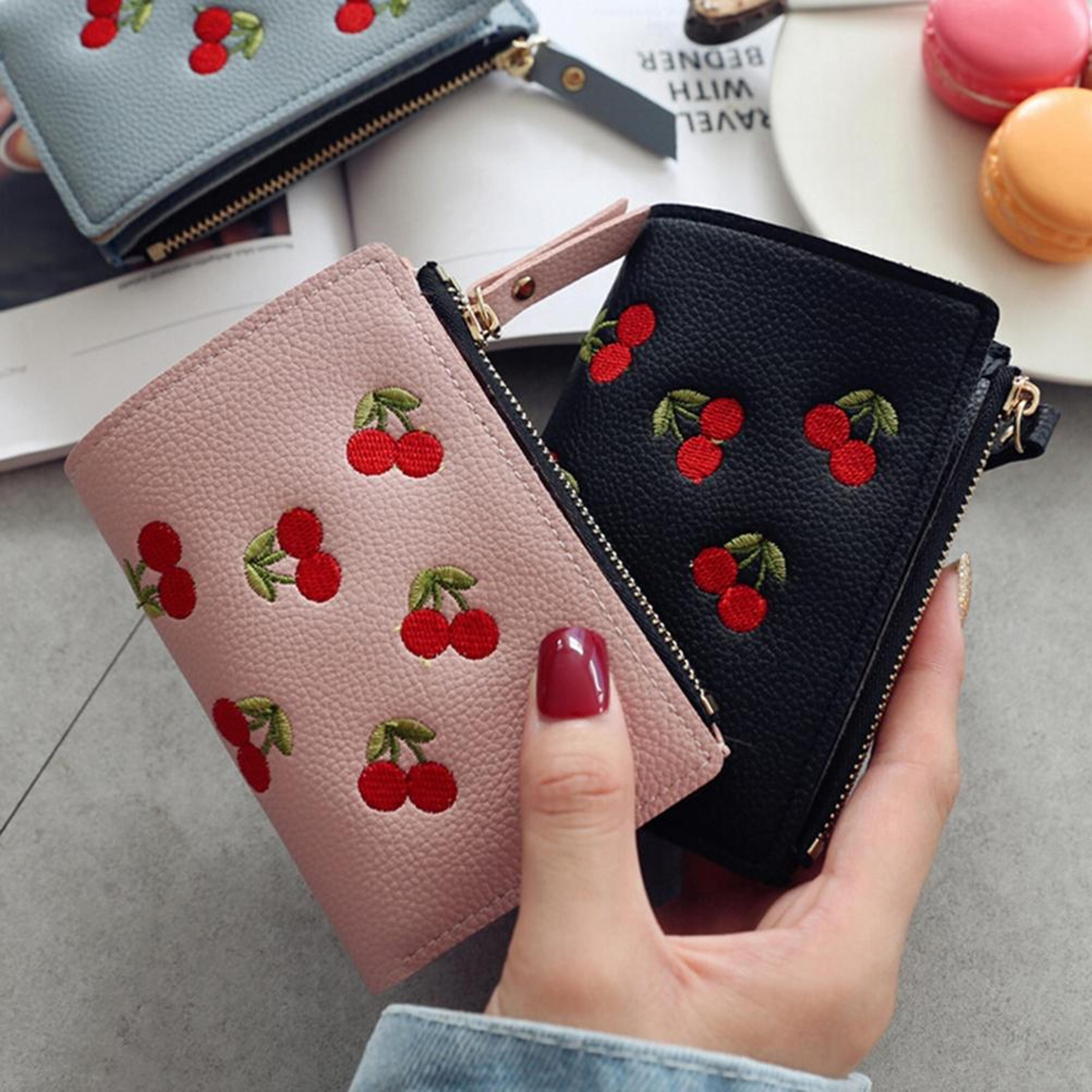 cute cherry embroidered pu leather wallet mini card holder wallet with zipper coin purse
