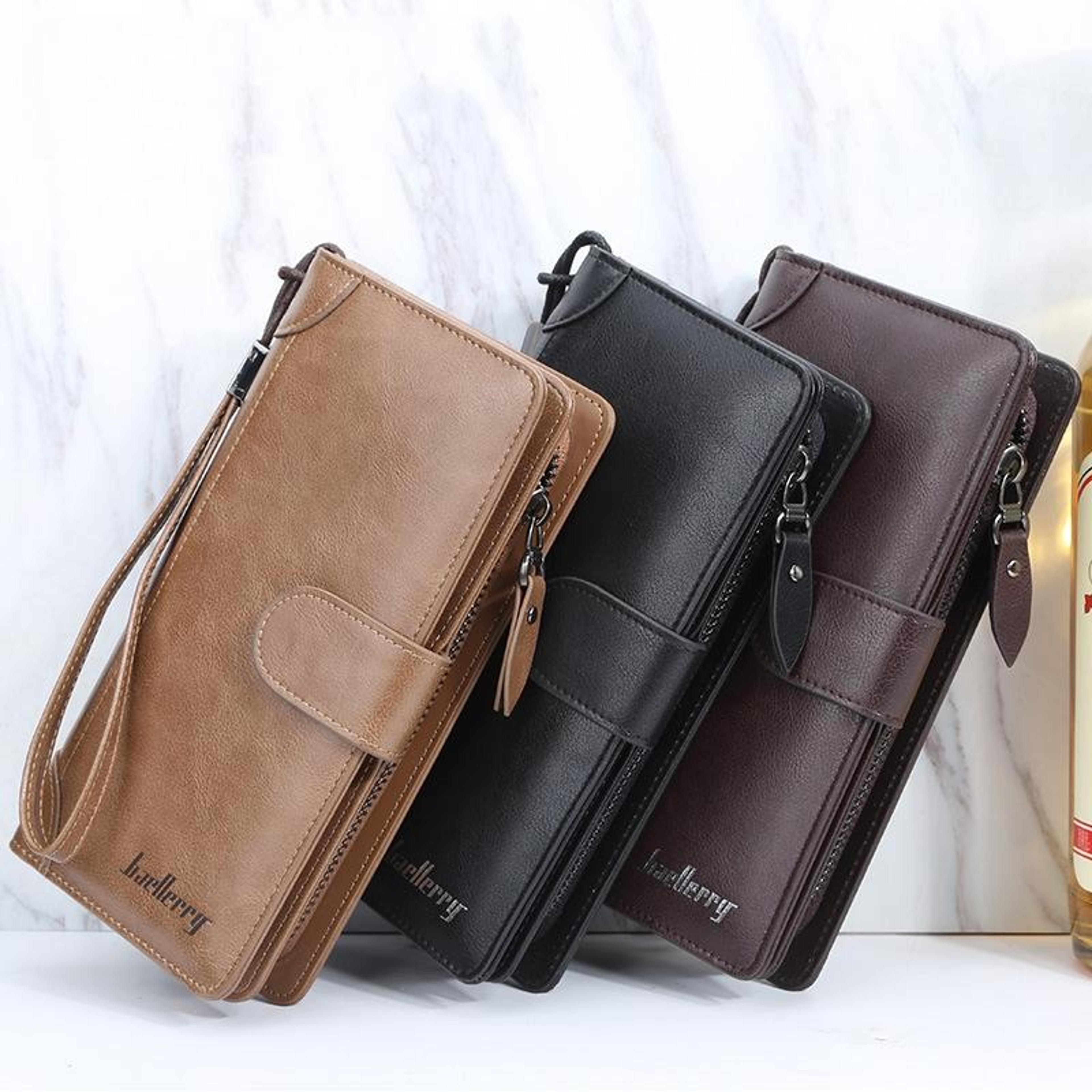 men's wallet business pu leather multi card zipper clutch wallet with coin pocket and wrist strap
