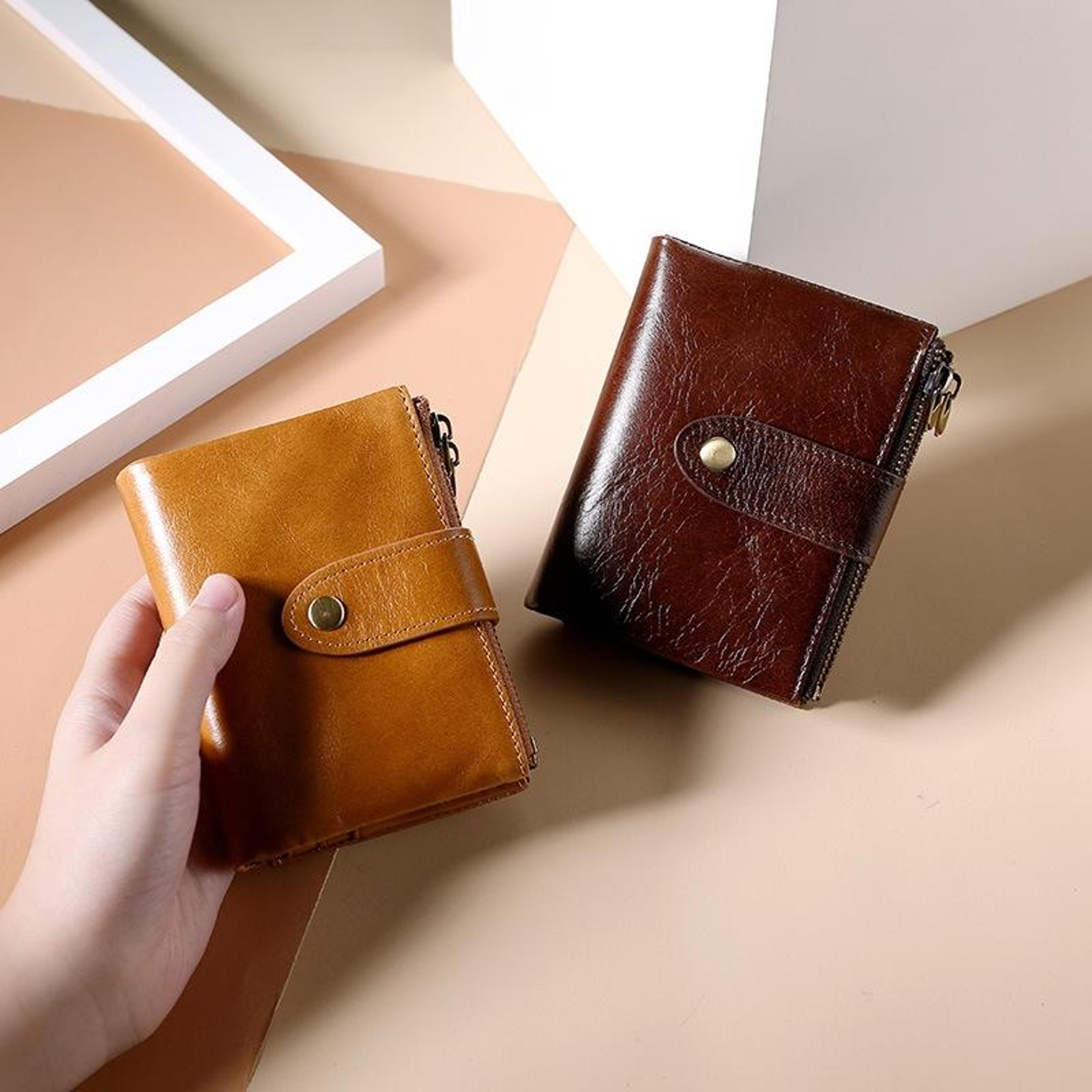 rfid blocking genuine leather dual zipper wallet multi card holder cowhide bifold wallet