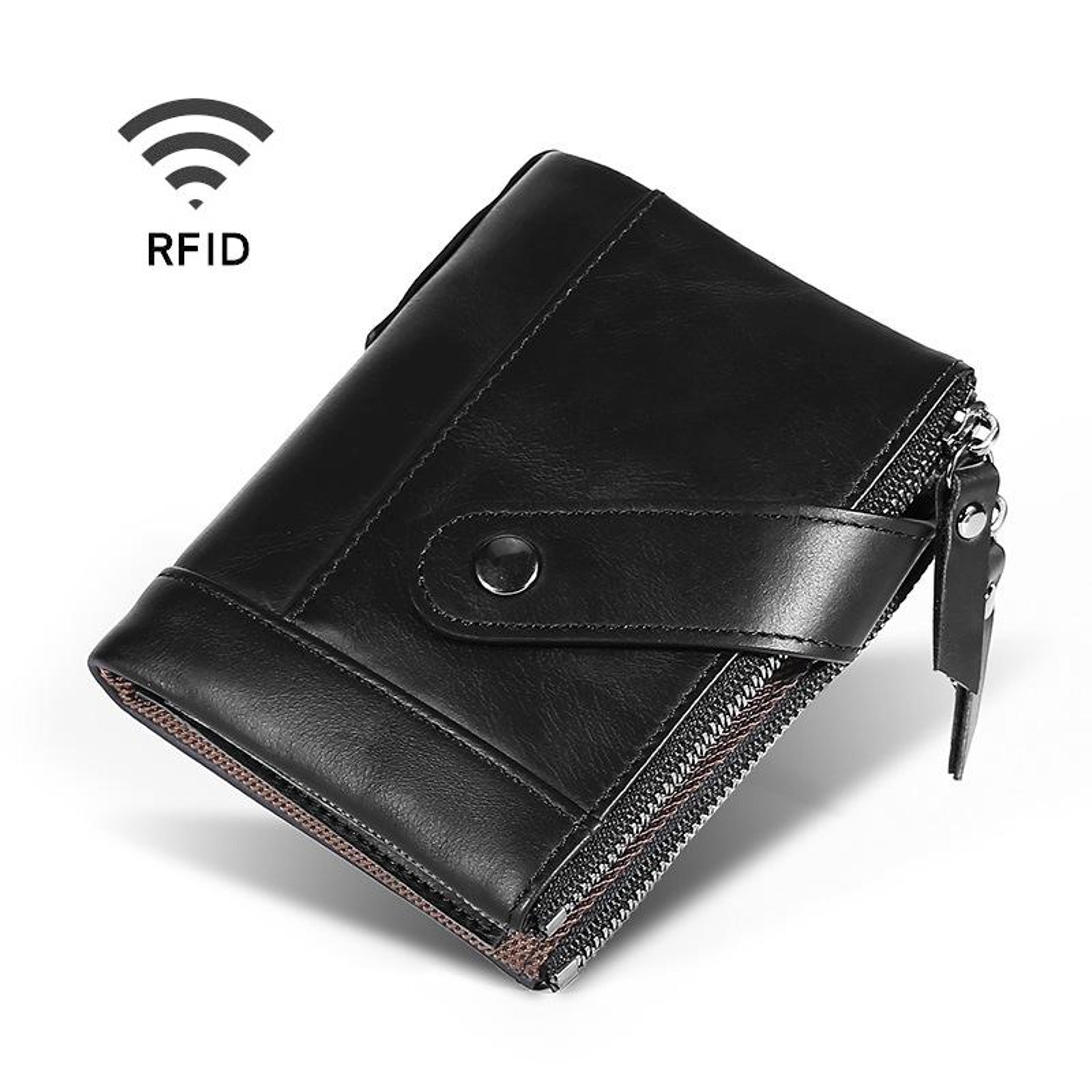 rfid leather wallet for men genuine cowhide bifold wallet with double zipper coin pocket