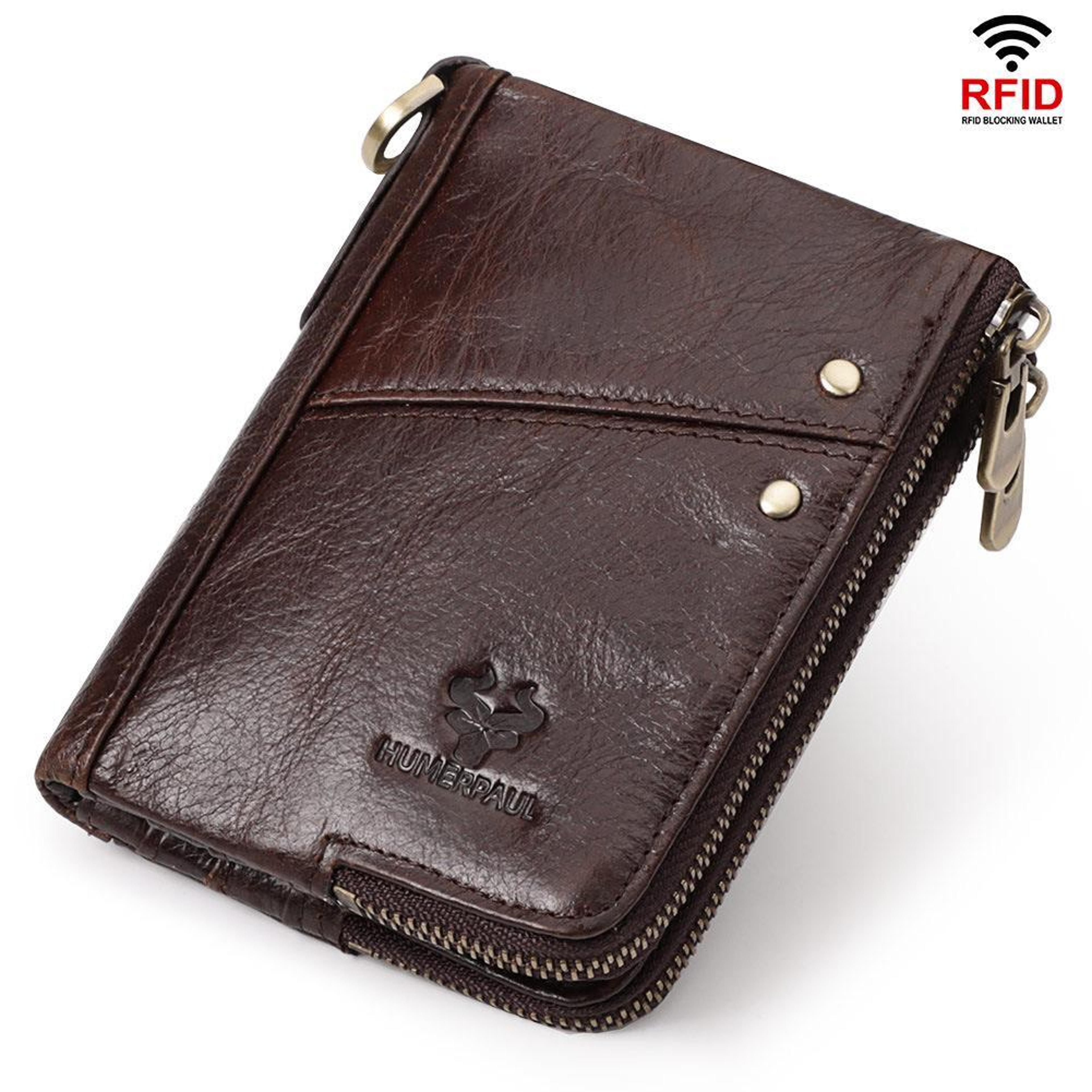 rfid wallet leather wallet for men double zipper anti theft card holder