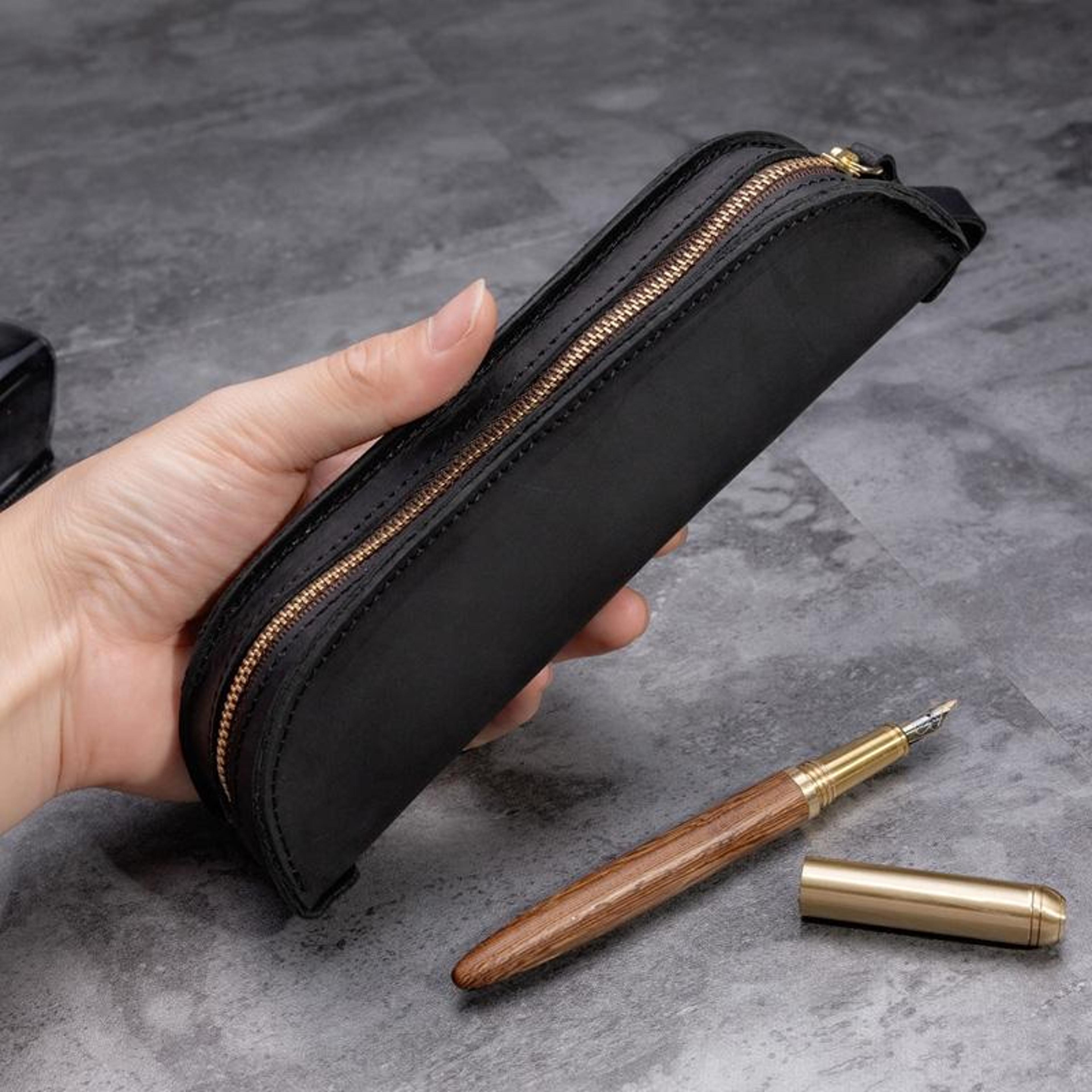 vintage genuine leather pencil case handmade zipper pen organizer pouch