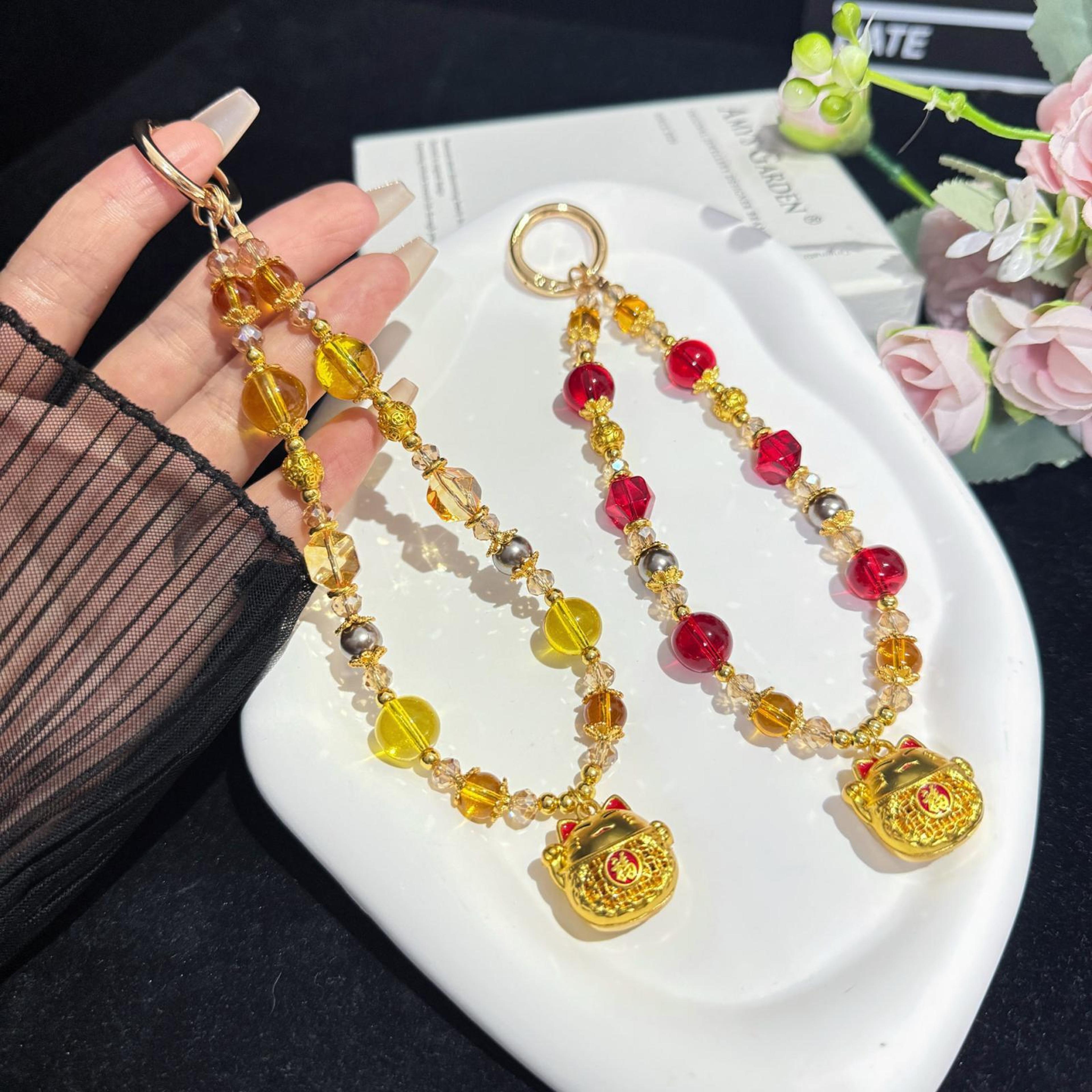 lucky cat crystal phone lanyard & anti loss phone strap necklace