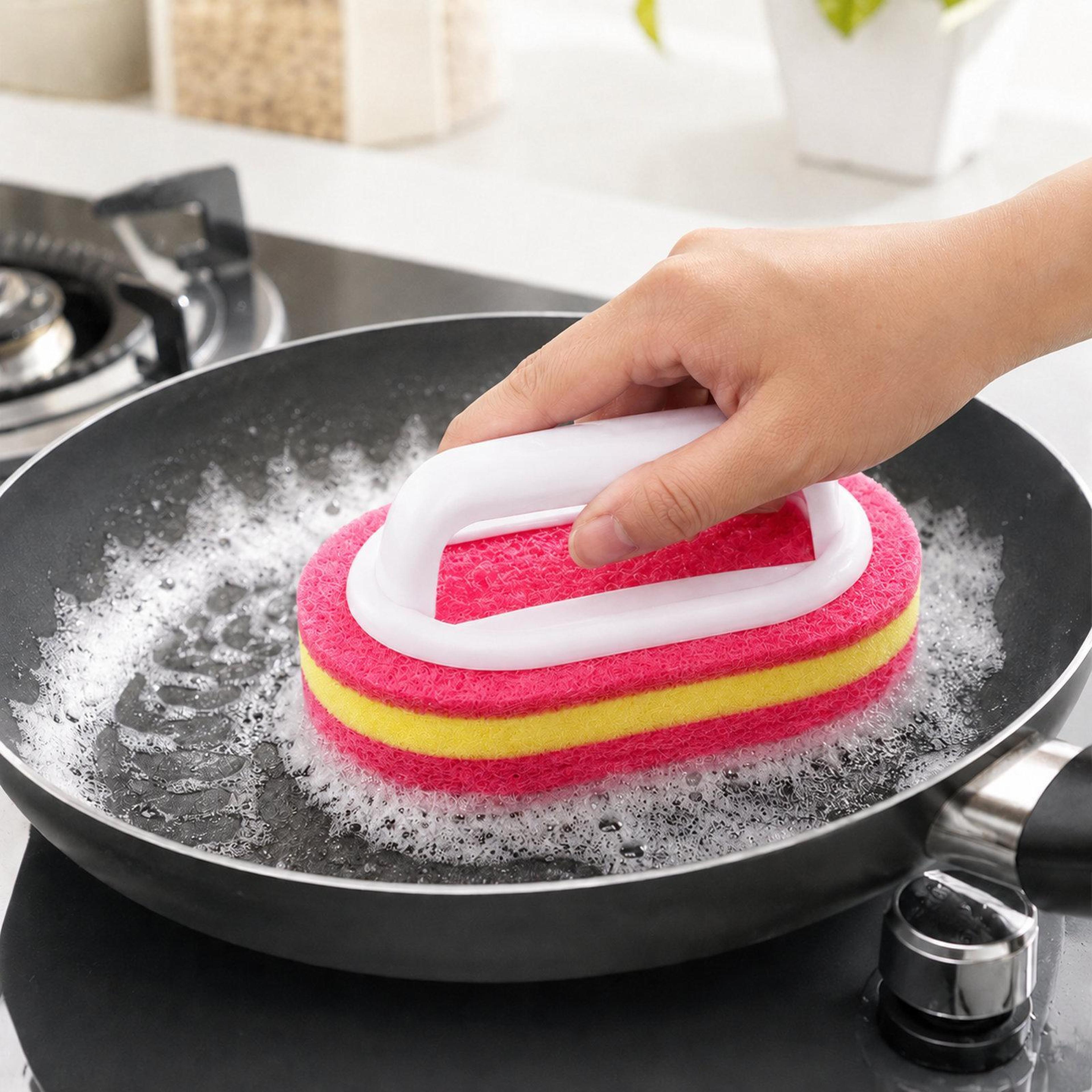 non scratch scrub sponge with handle 3 layer kitchen cleaning sponge for pots, pans & stovetops