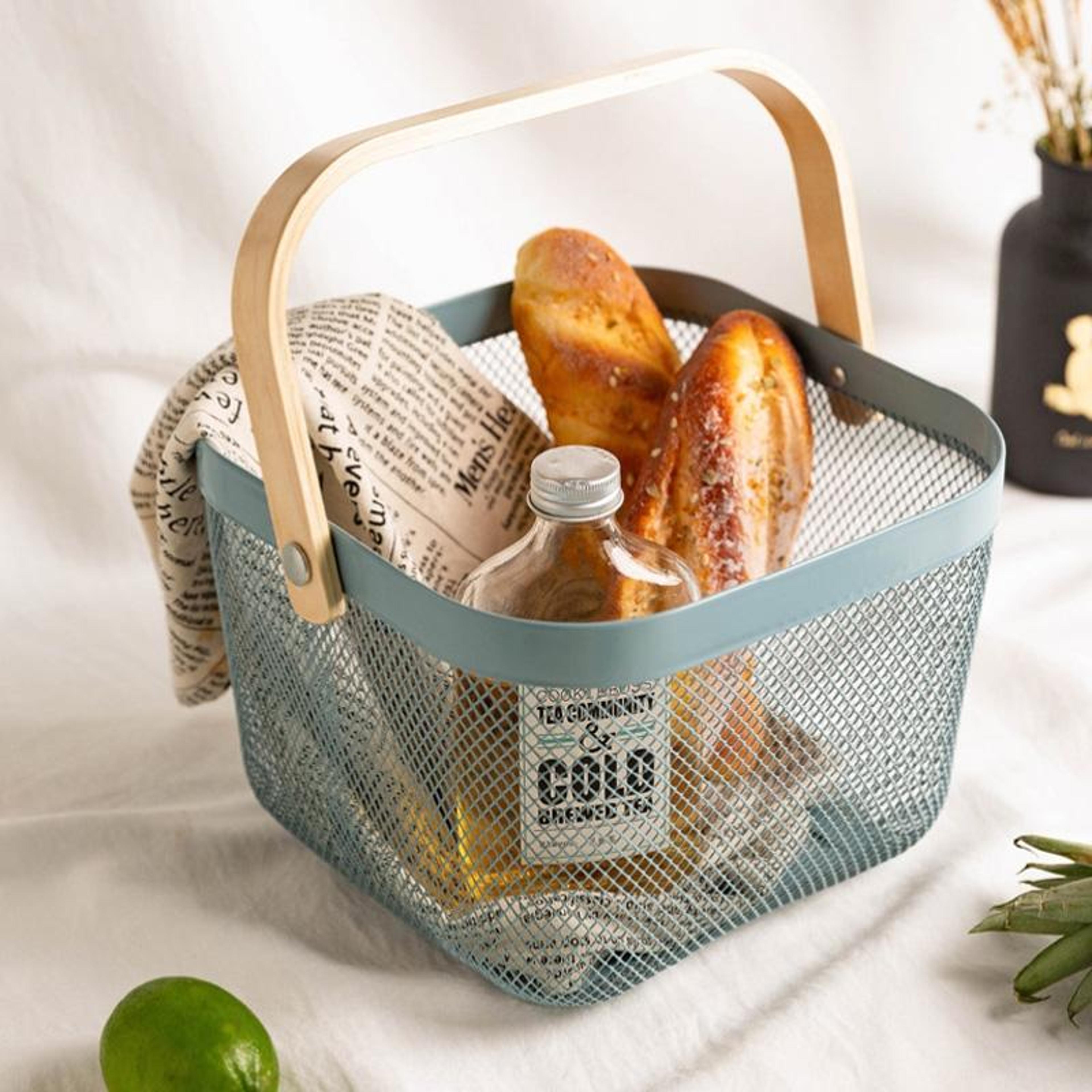 wooden handle metal mesh storage basket for kitchen counter fruit snack and home organization