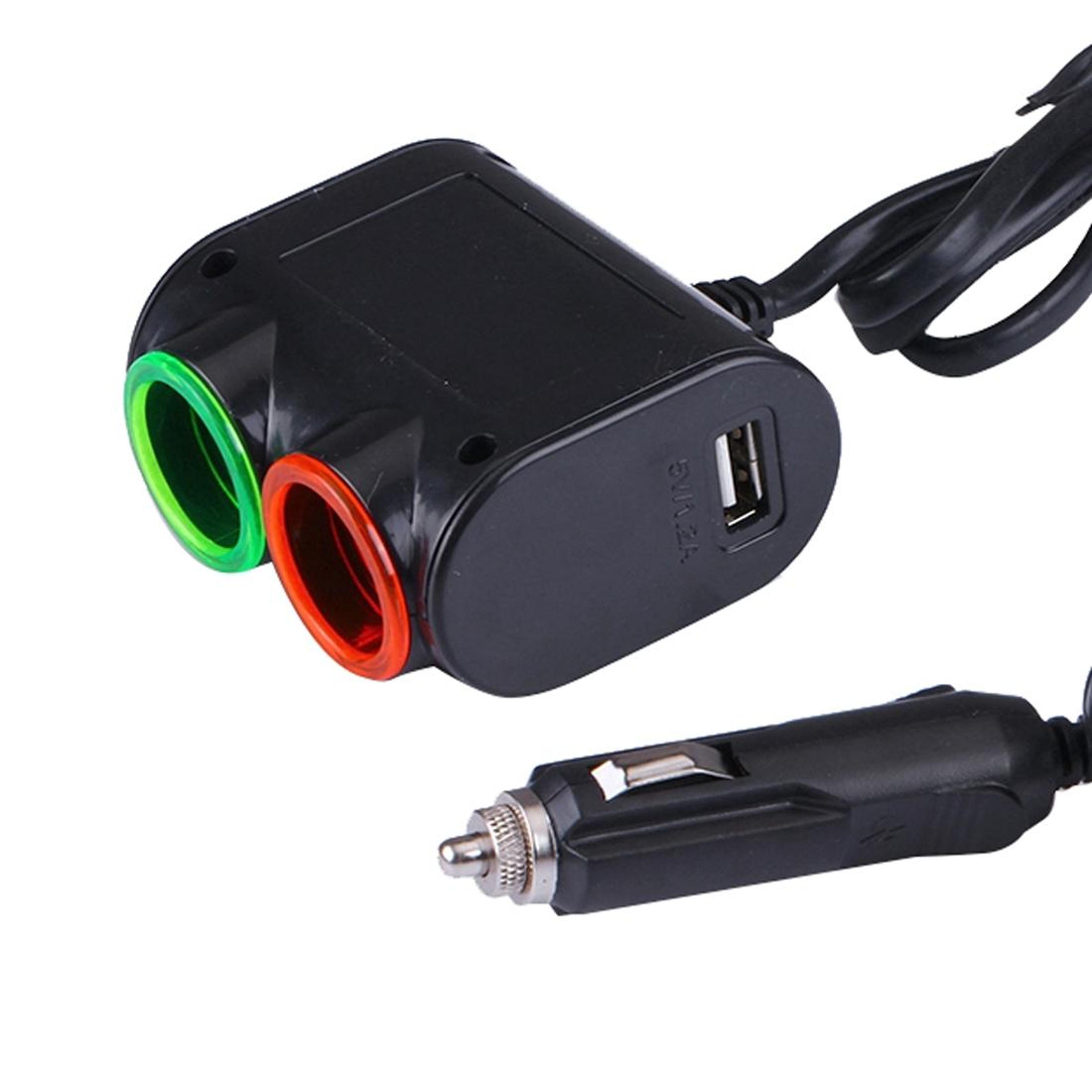 usb car charger with dual car cigarette lighter socket & led light