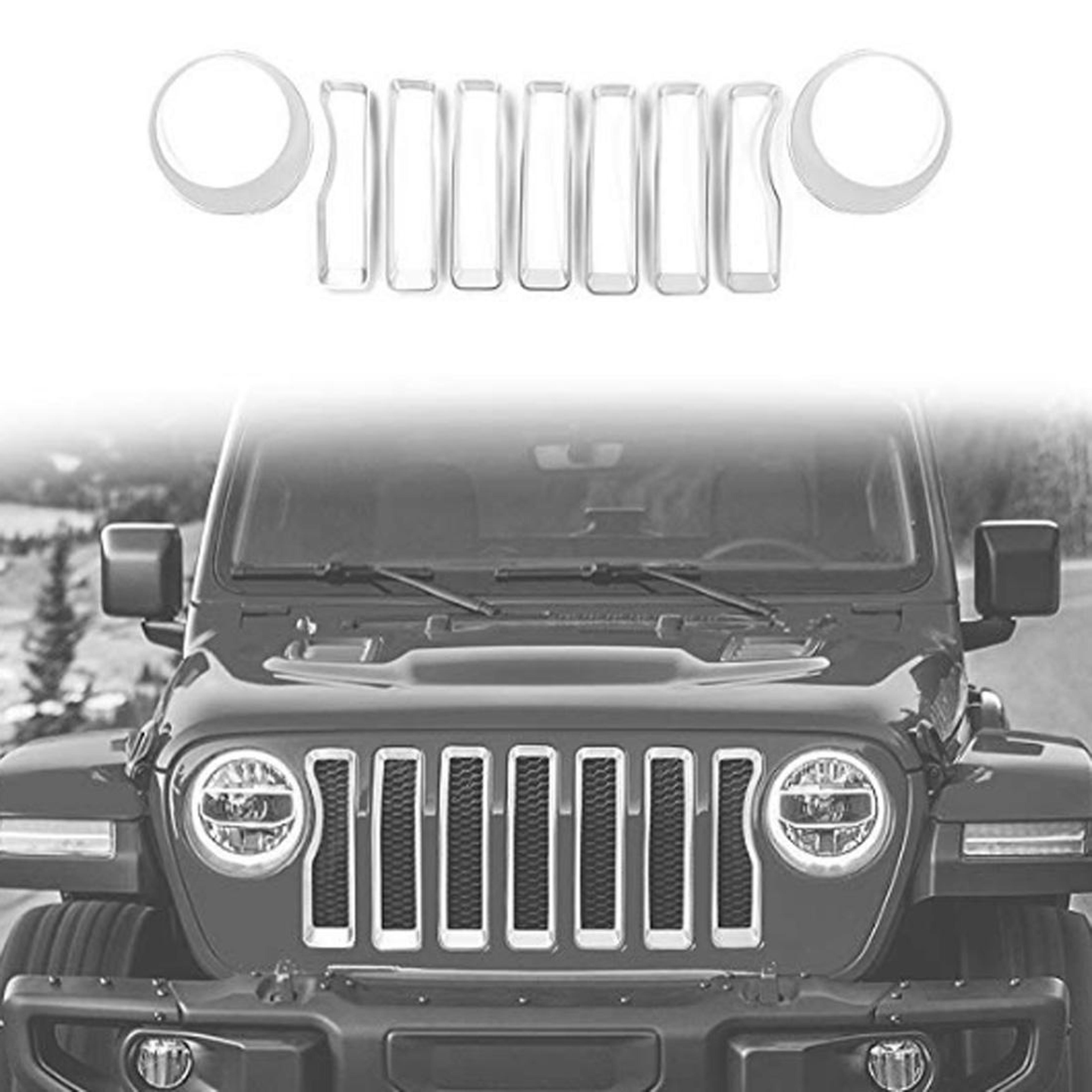 jeep wrangler jl mesh grille insert & headlight trim kit for 2018-2019