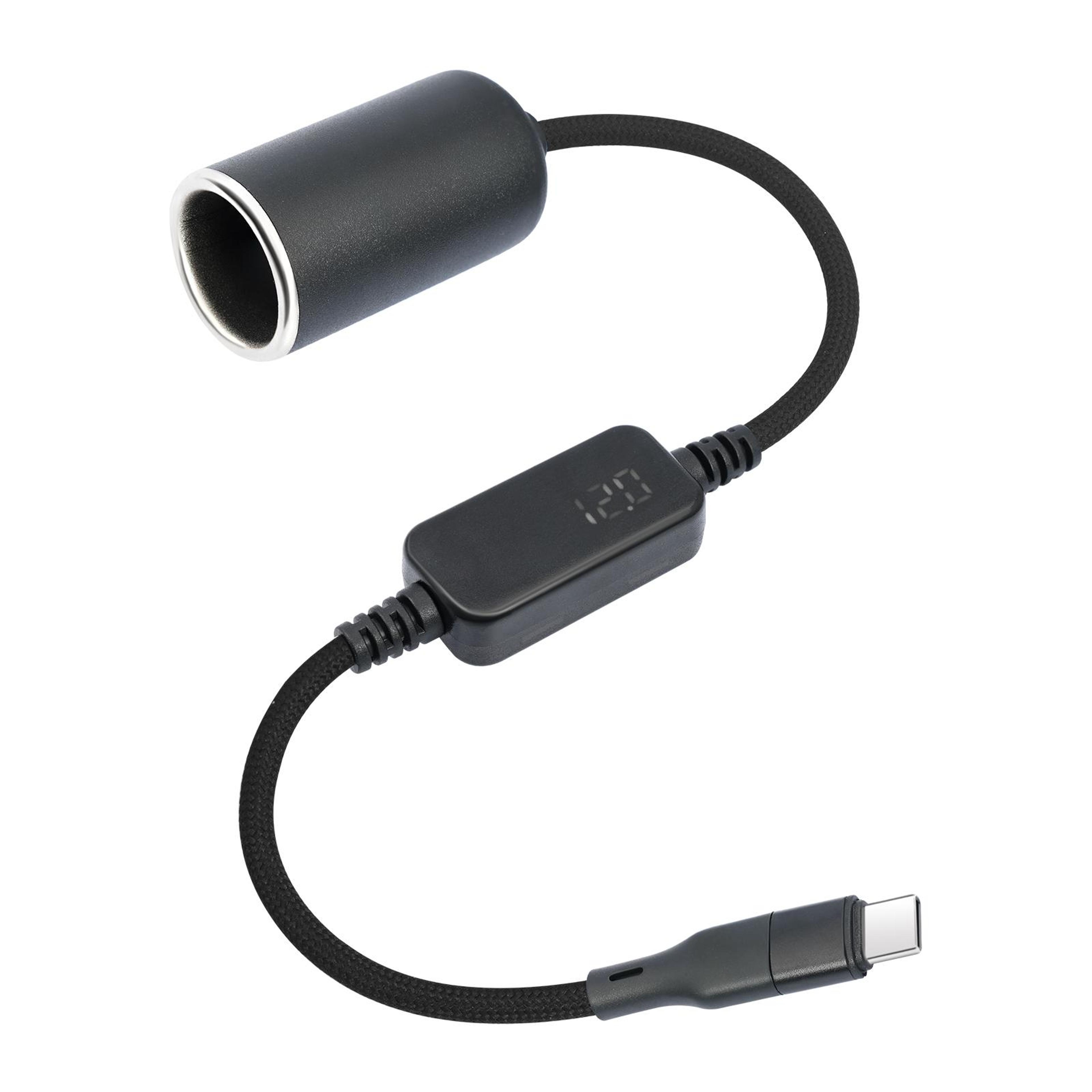 usb-c to 12v adapter cable with voltage display car cigarette lighter socket 18w boost converter