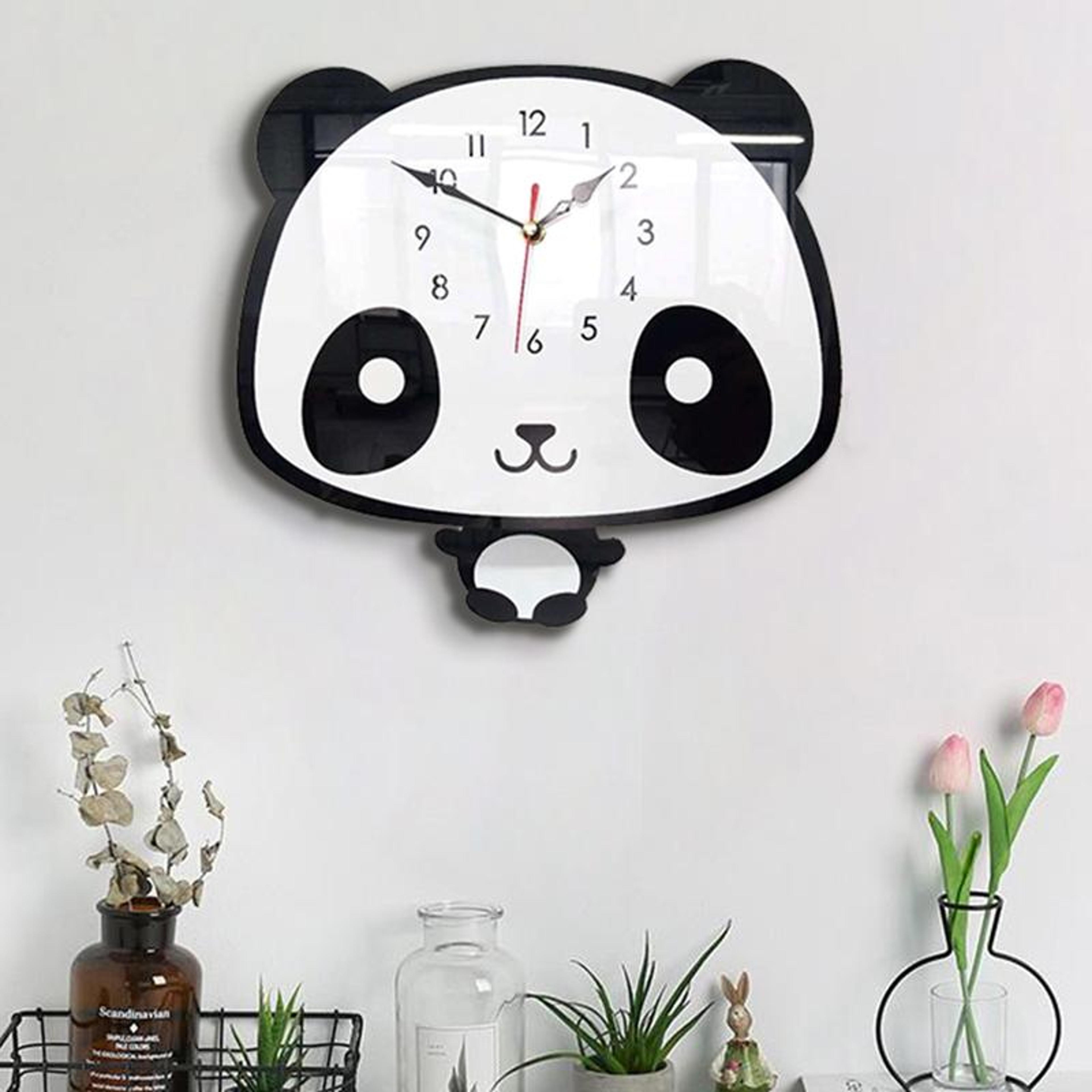 cute panda wall clock with silent swing pendulum acrylic wall decor for bedroom, office & kids room