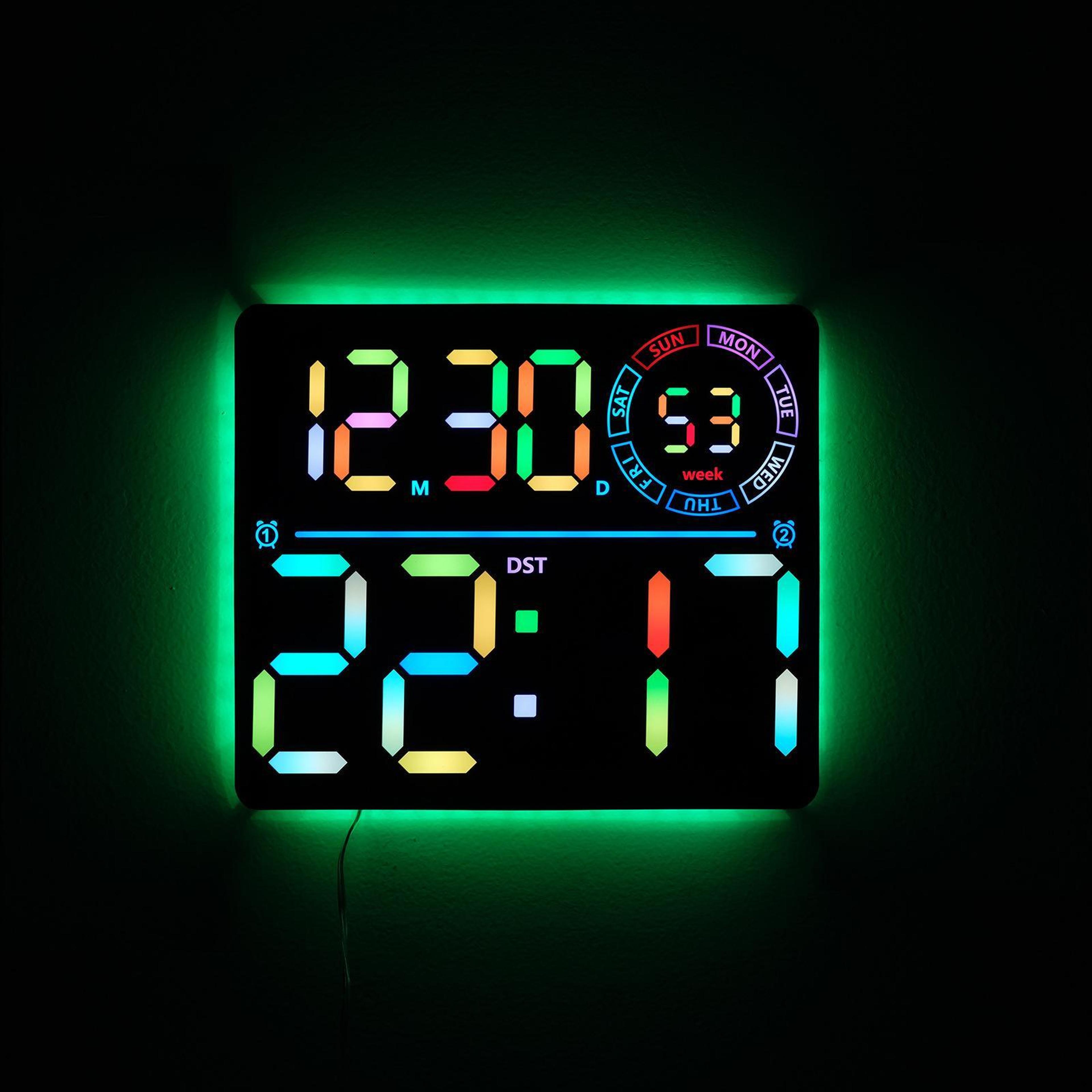 rgb led digital wall clock with large display, dual alarm, timer & auto dimming for home office gym
