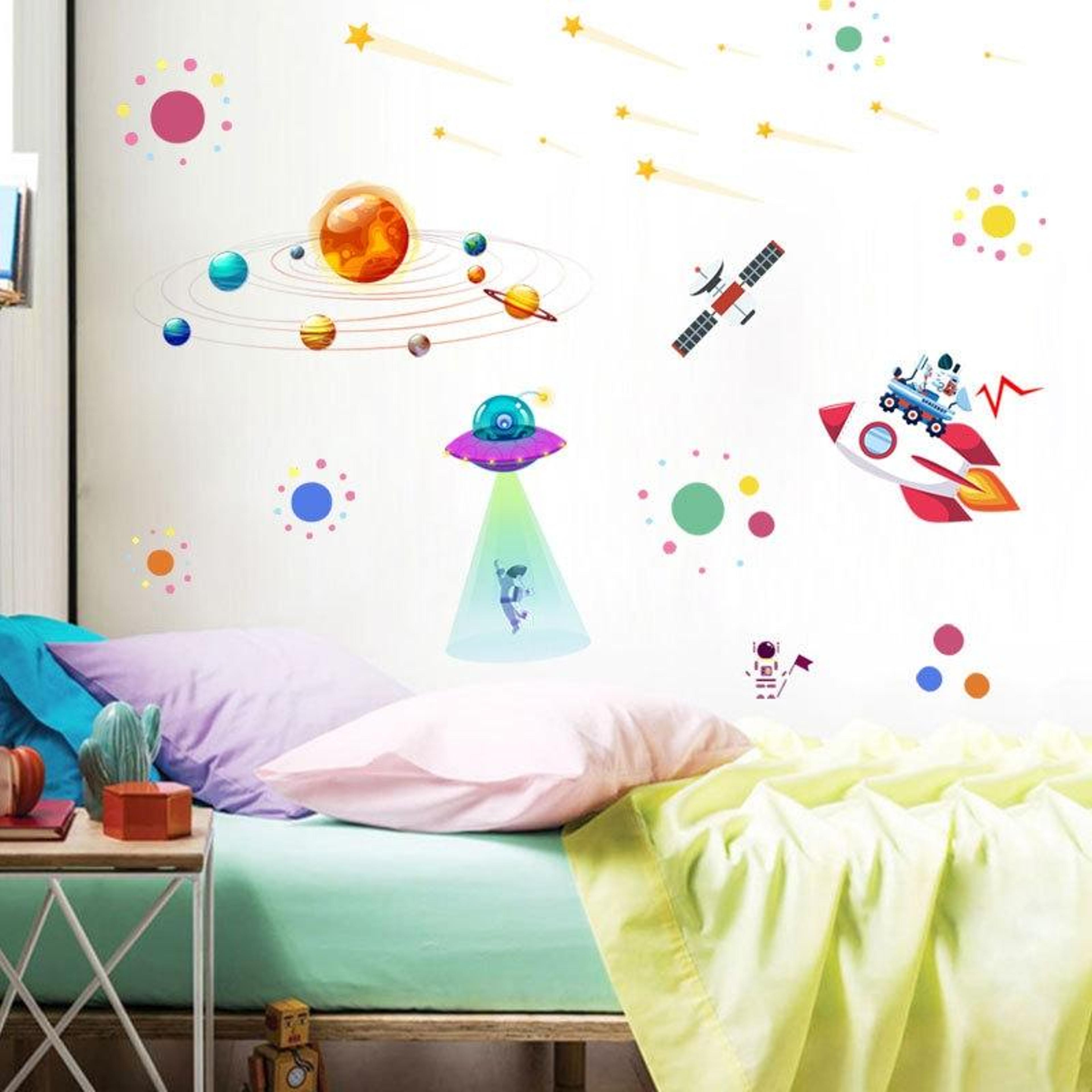 space adventure solar system wall sticker with astronaut ufo removable wall decal for kids bedroom