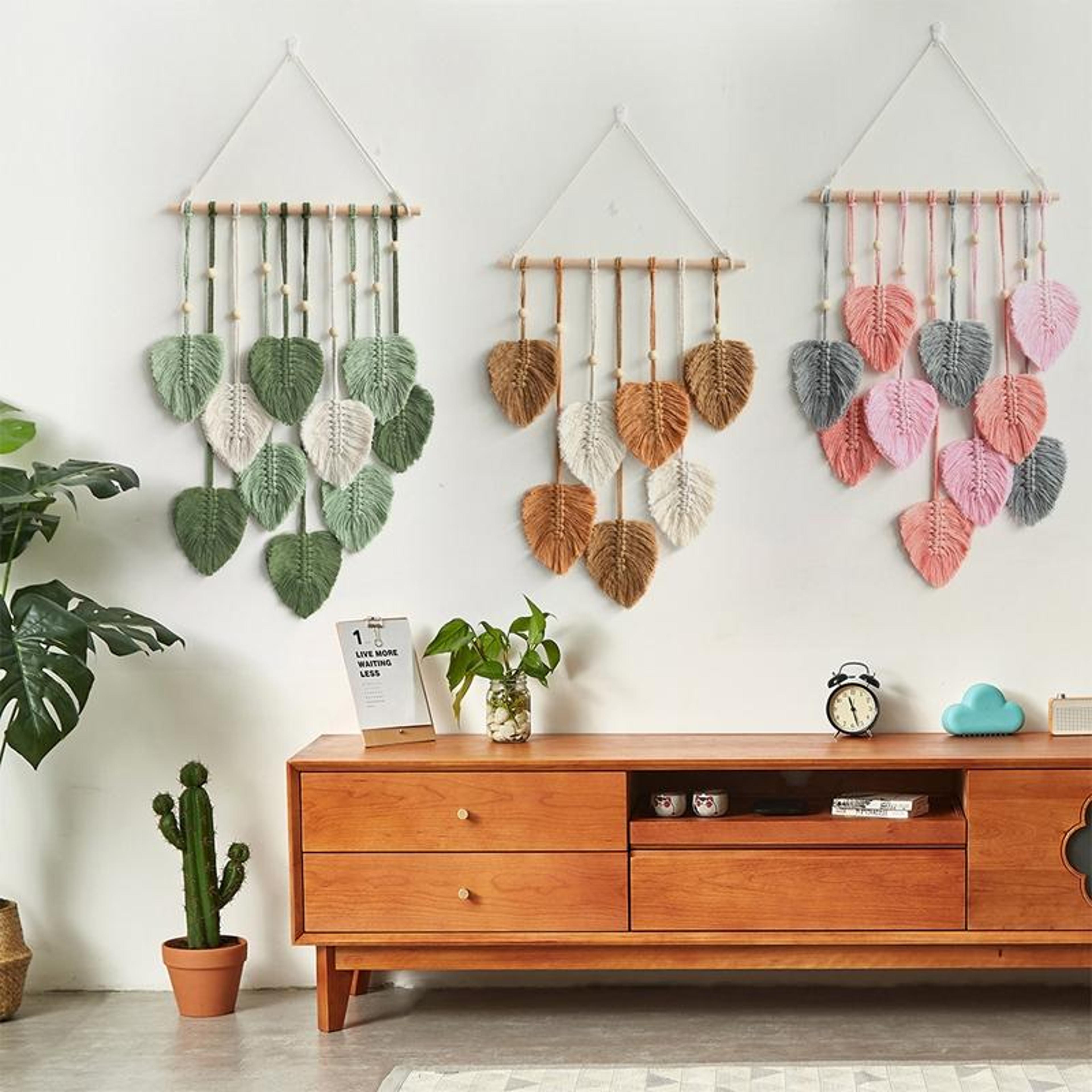 handwoven macrame wall hanging leaf tapestry with cotton rope & wooden dowel for boho wall decor
