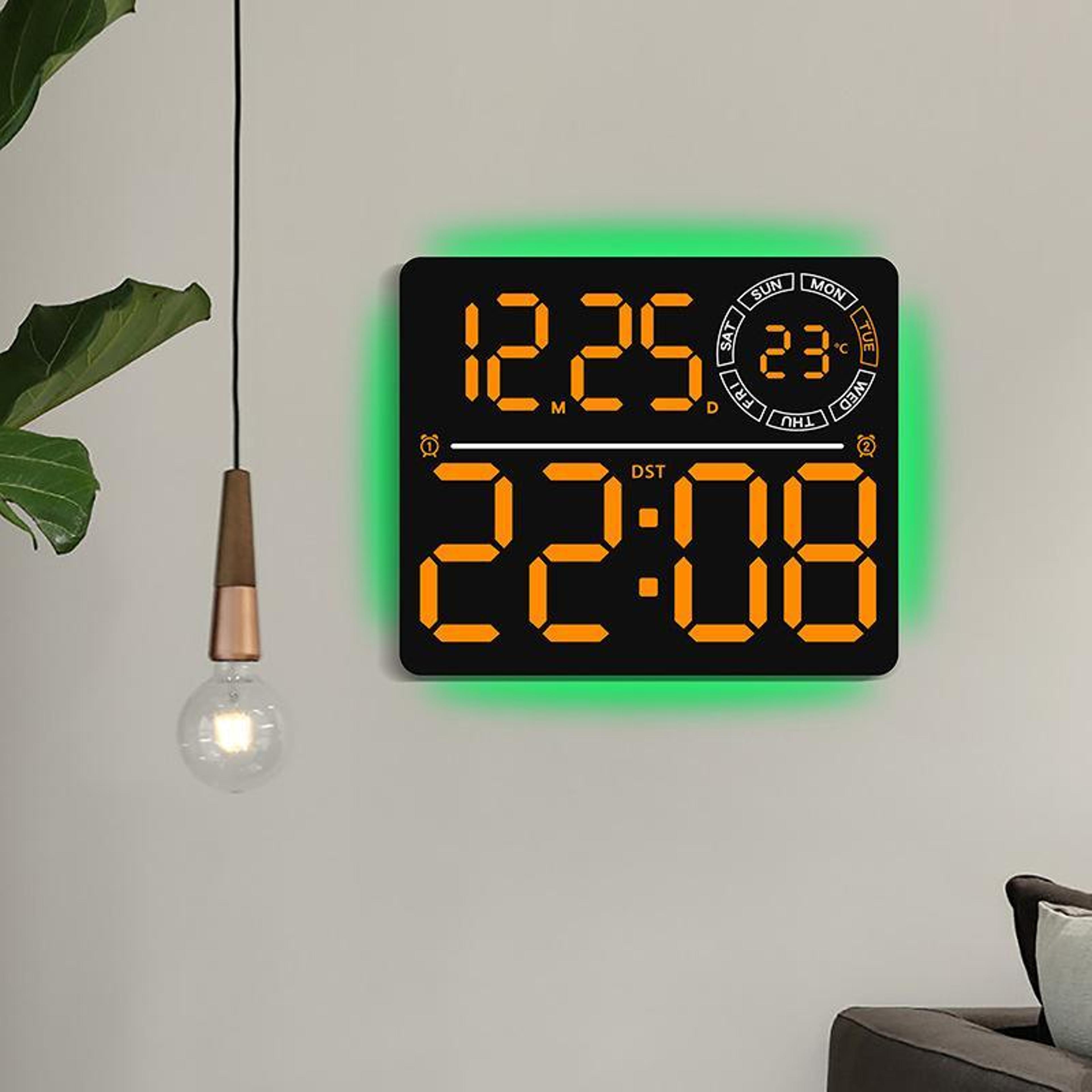 rgb led digital wall clock with large display, dual alarm, timer & ambient night light