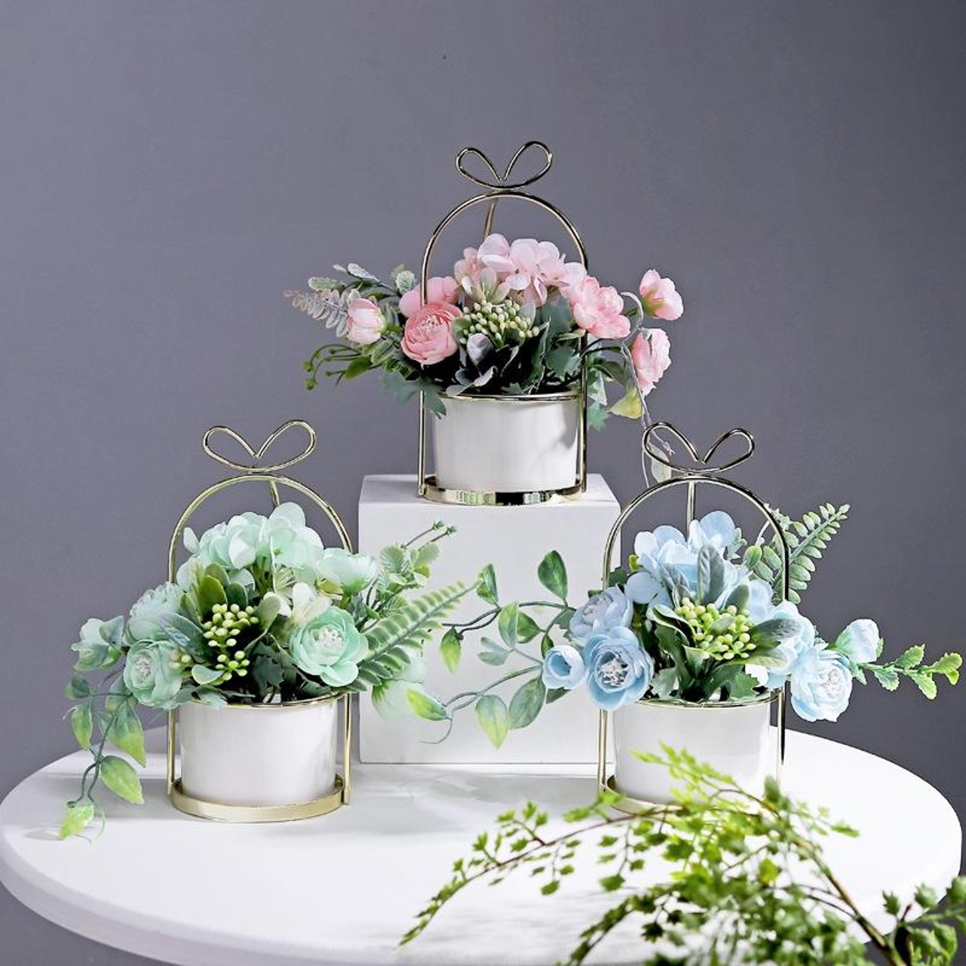 artificial hydrangea plant in wrought iron planter decorative flower pot for home & office