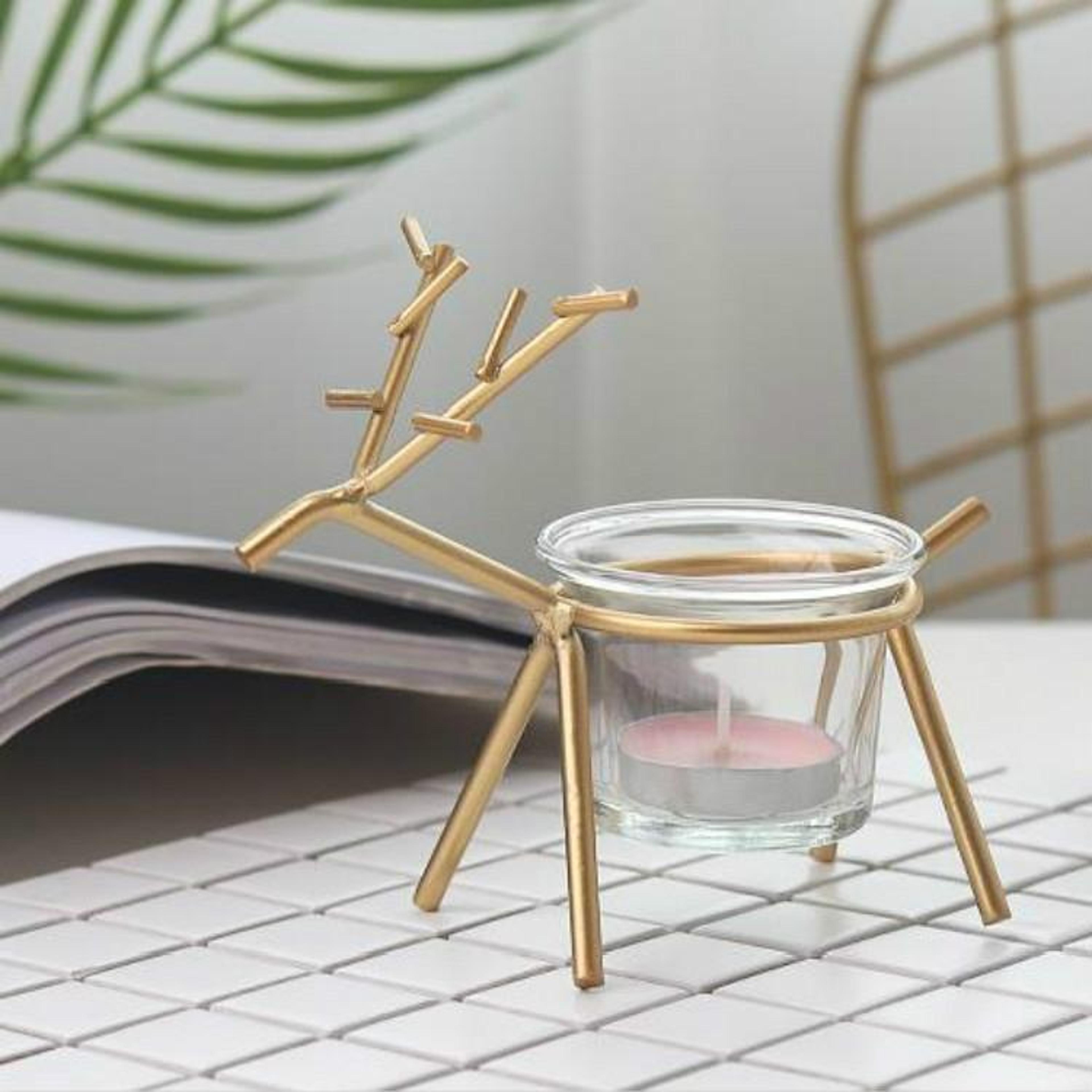 rustic wrought iron candle holder with deer design glass tealight stand for home table decor
