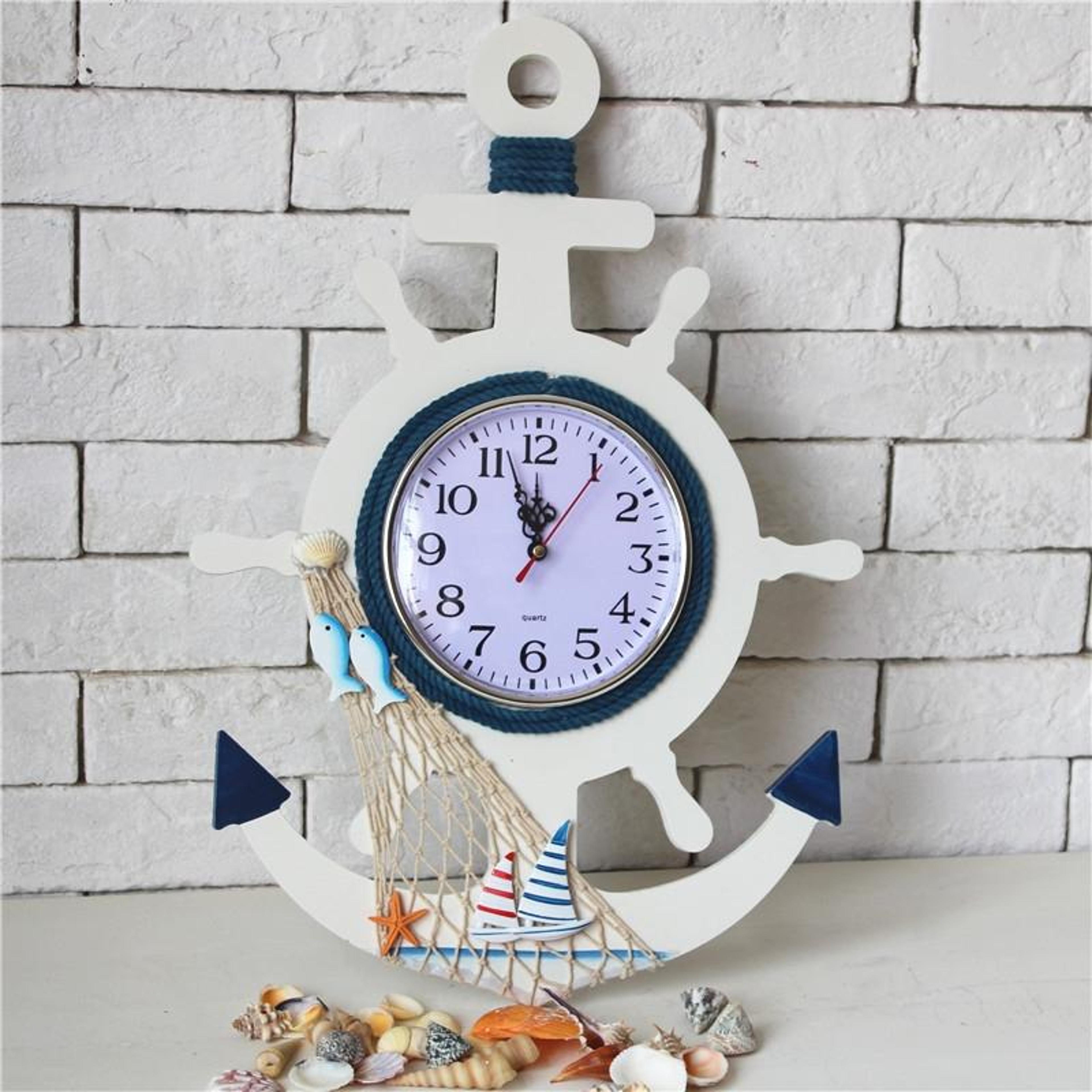 mediterranean nautical wall clock blue & white wooden rudder wall decor