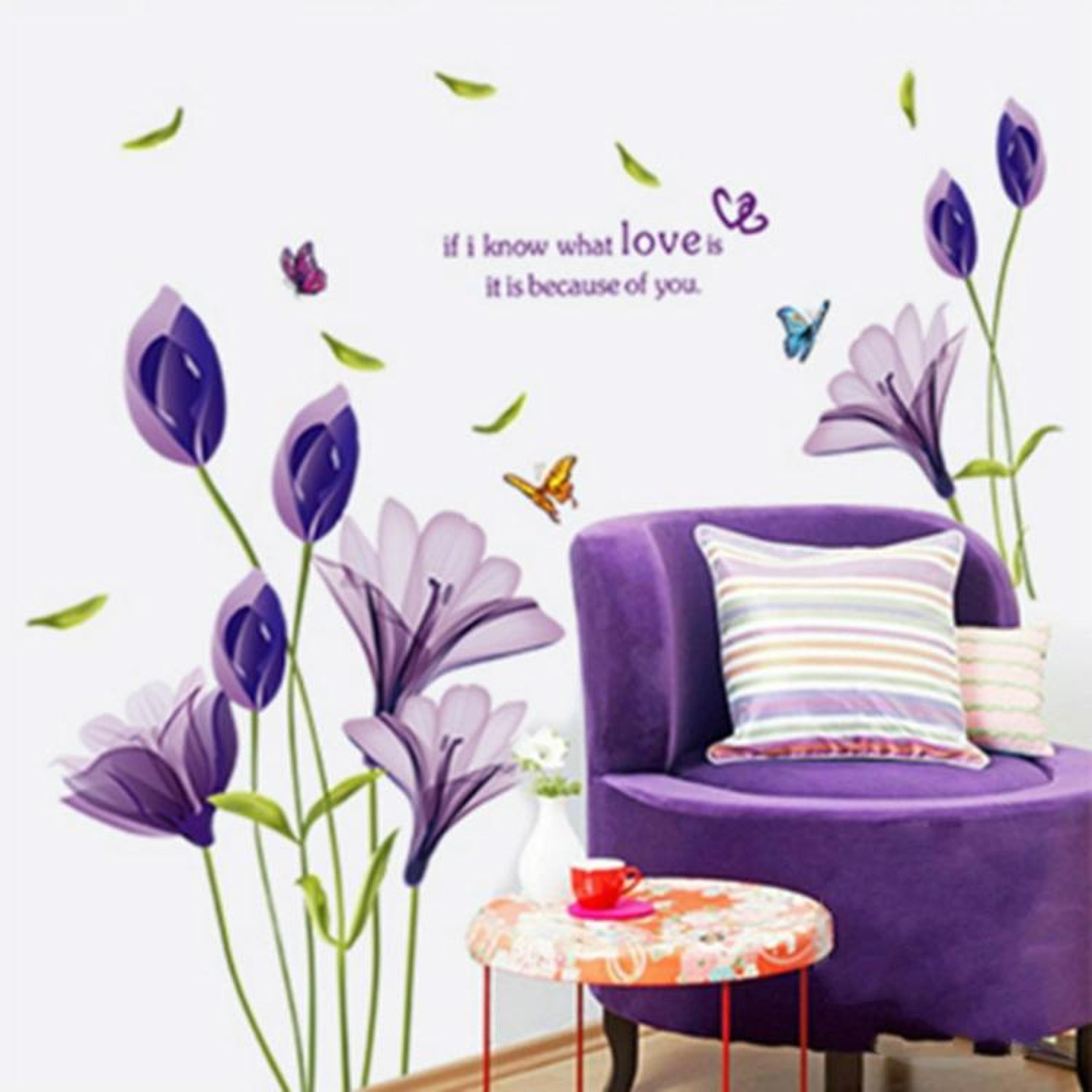 purple lily diy wall stickers waterproof removable pvc wall decor for living room