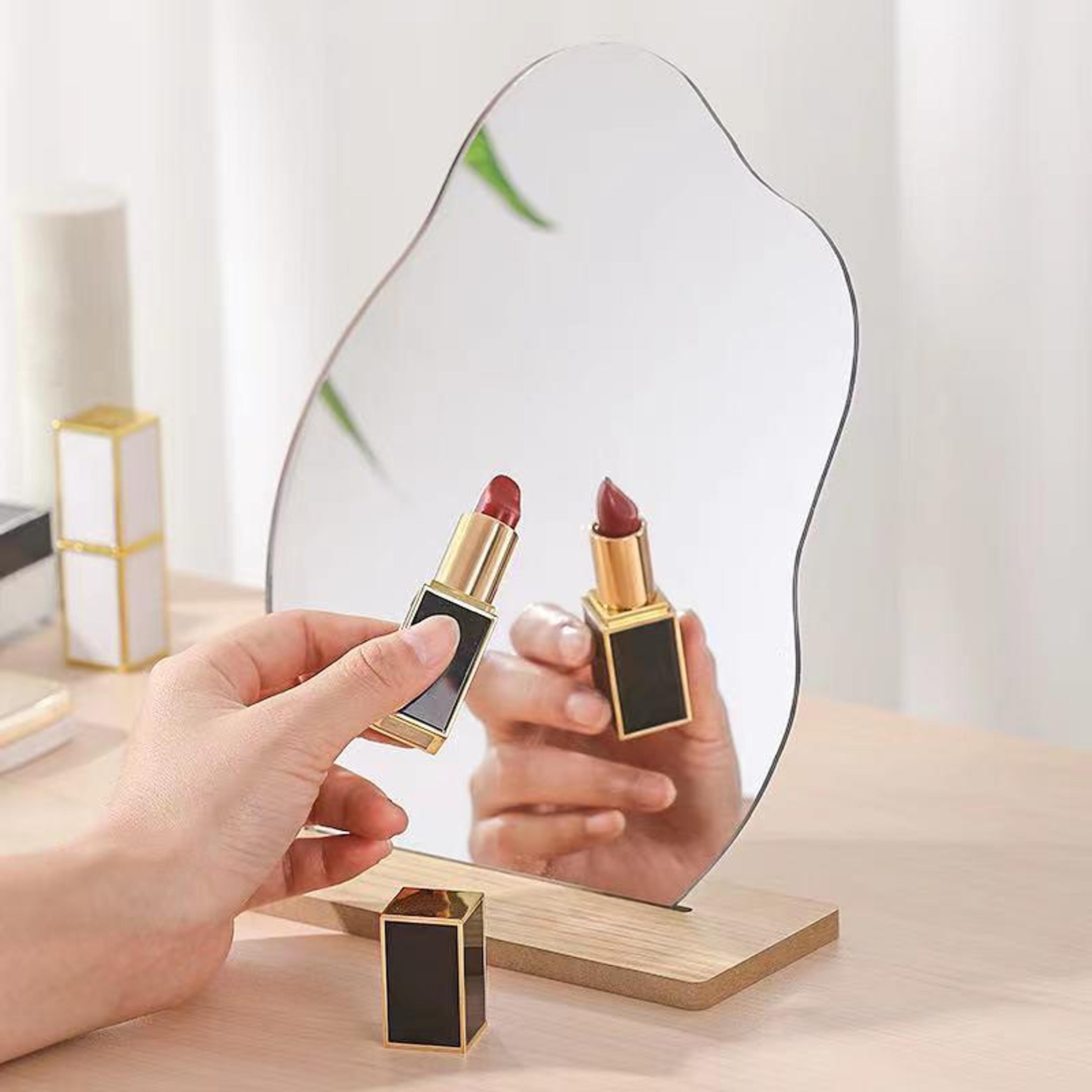 modern acrylic photo prop mirror with wooden base for product photography & home decor