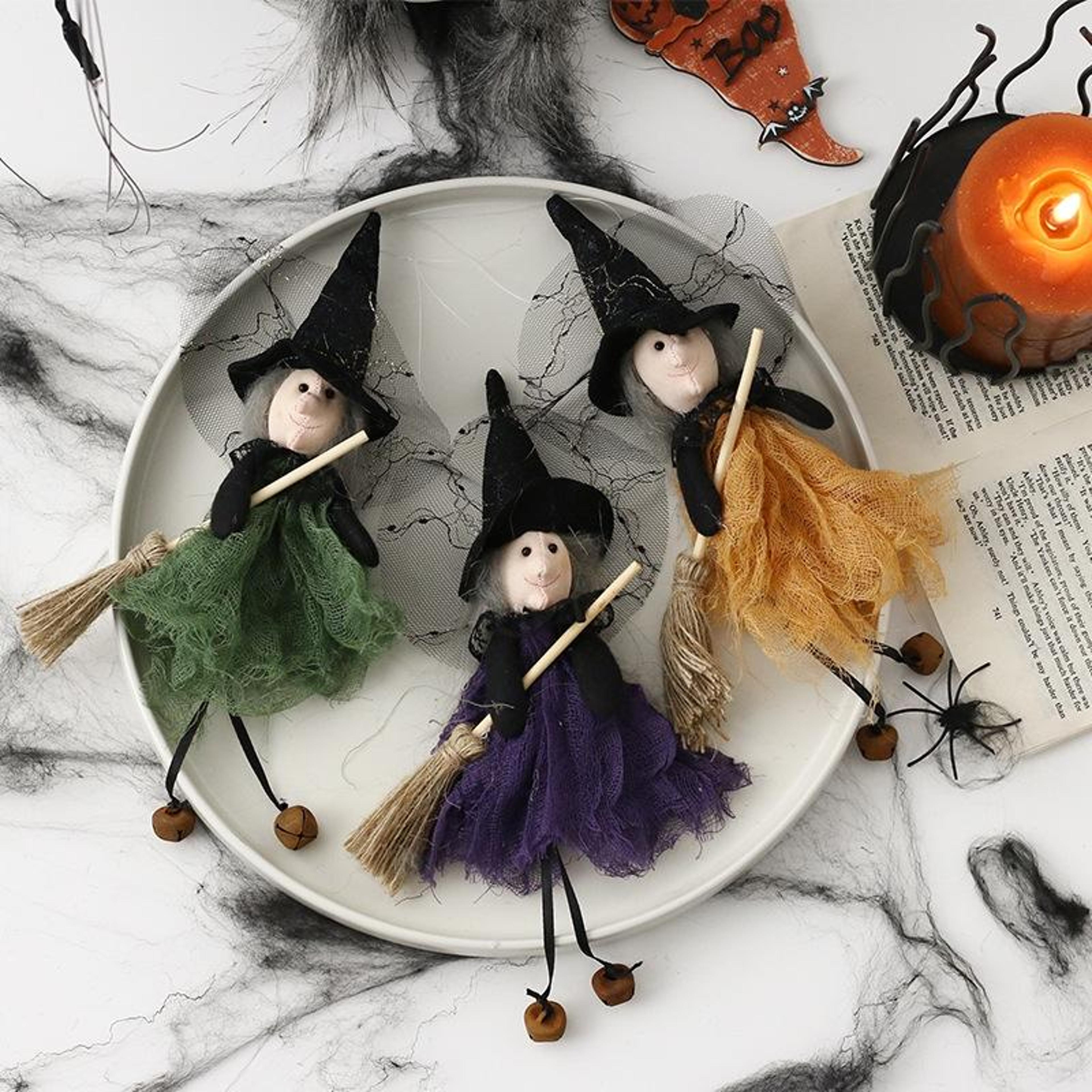 halloween witch doll hanging ornament with broom spooky party decoration