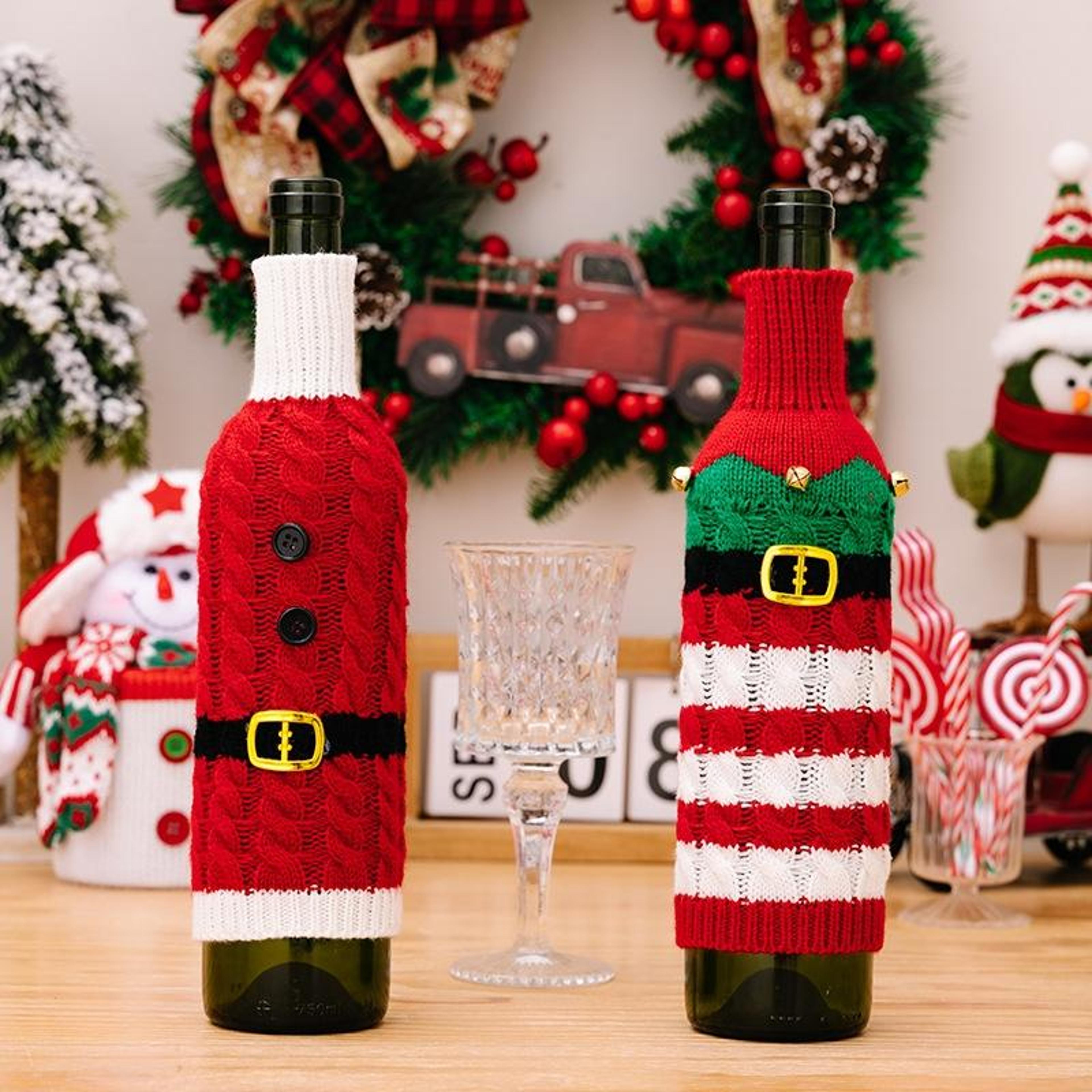festive knitted christmas wine bottle cover for holiday table decor and wine gifts