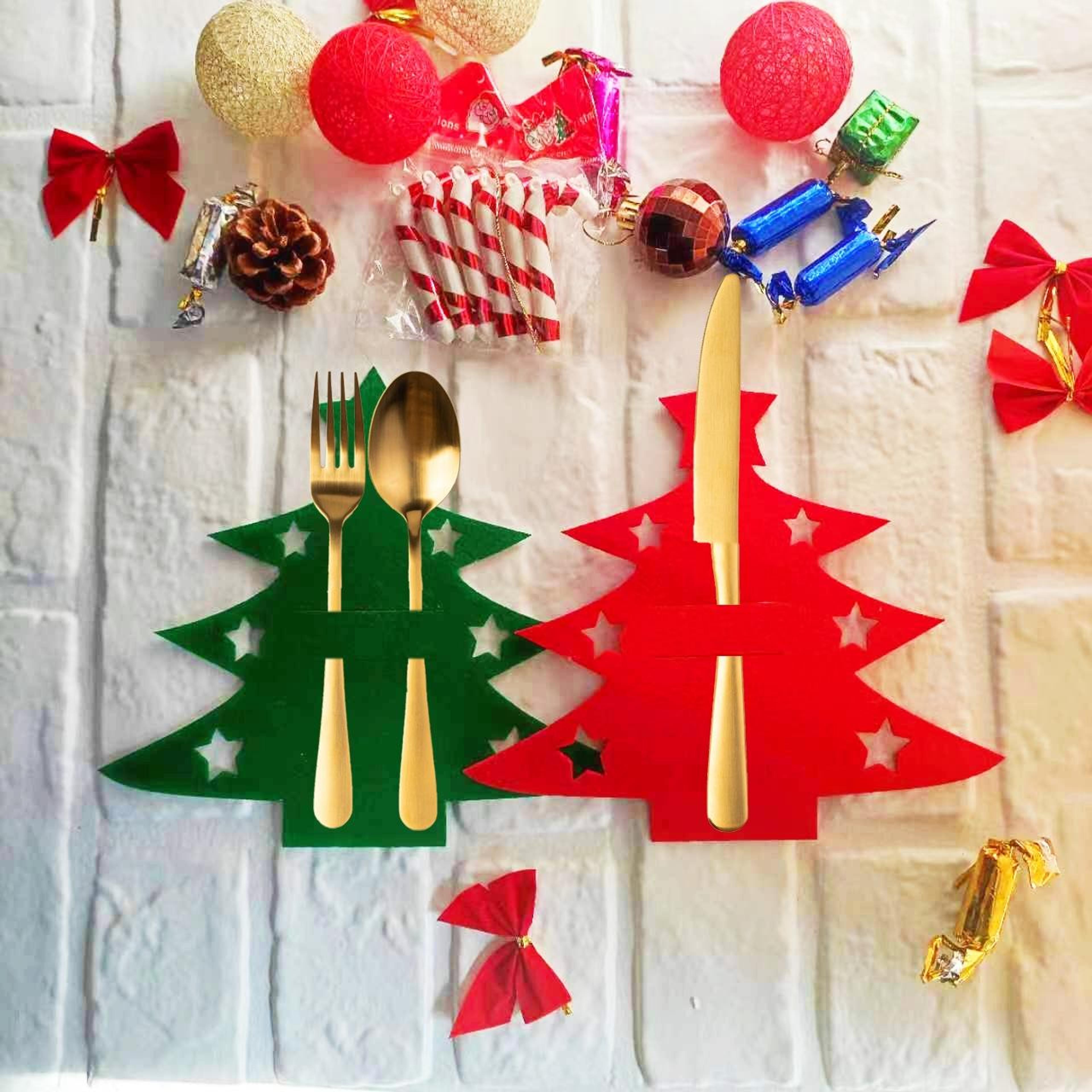 6 pcs christmas tree cutlery holders felt silverware sleeves for holiday table decor