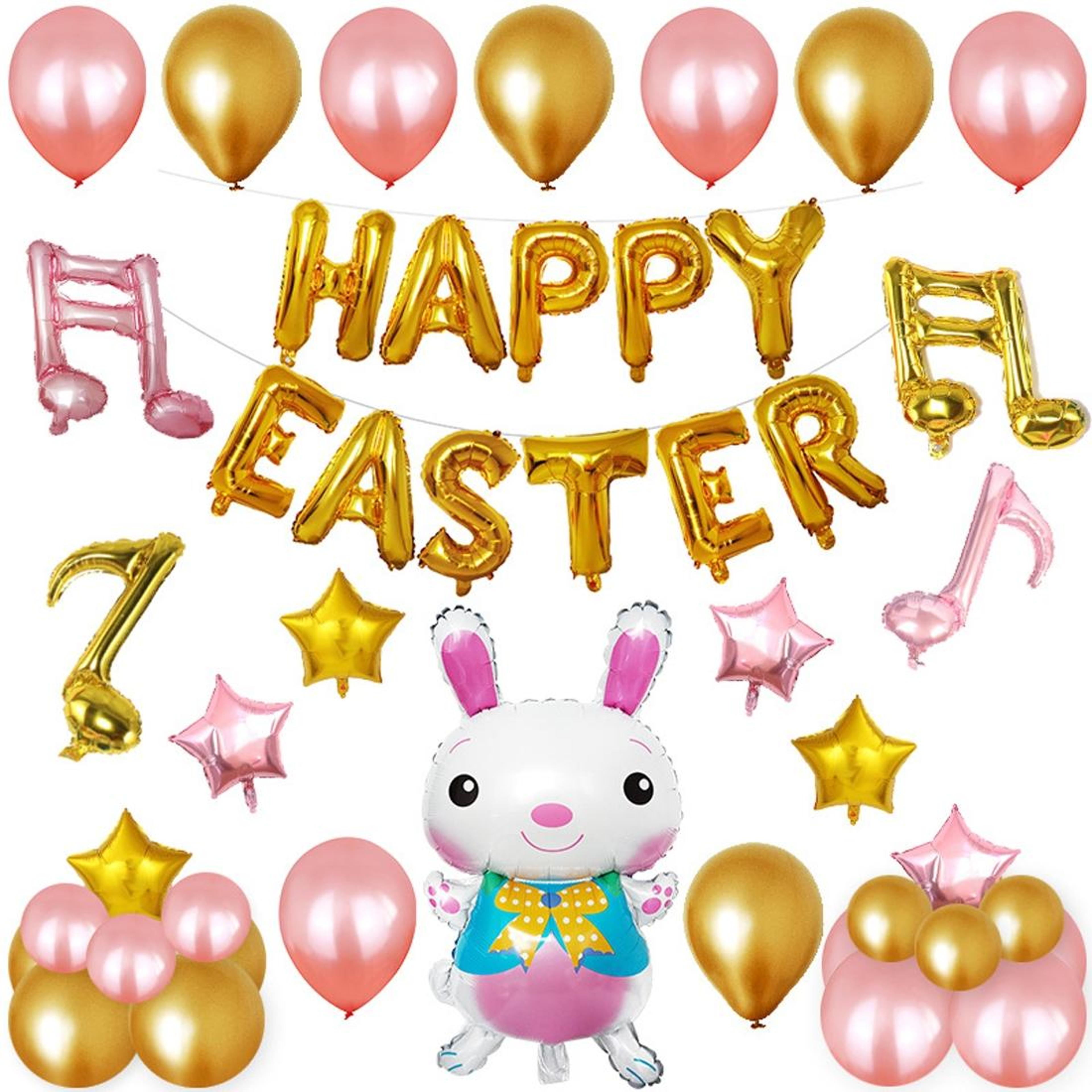 happy easter bunny balloon kit with letter balloons and rose gold party decorations