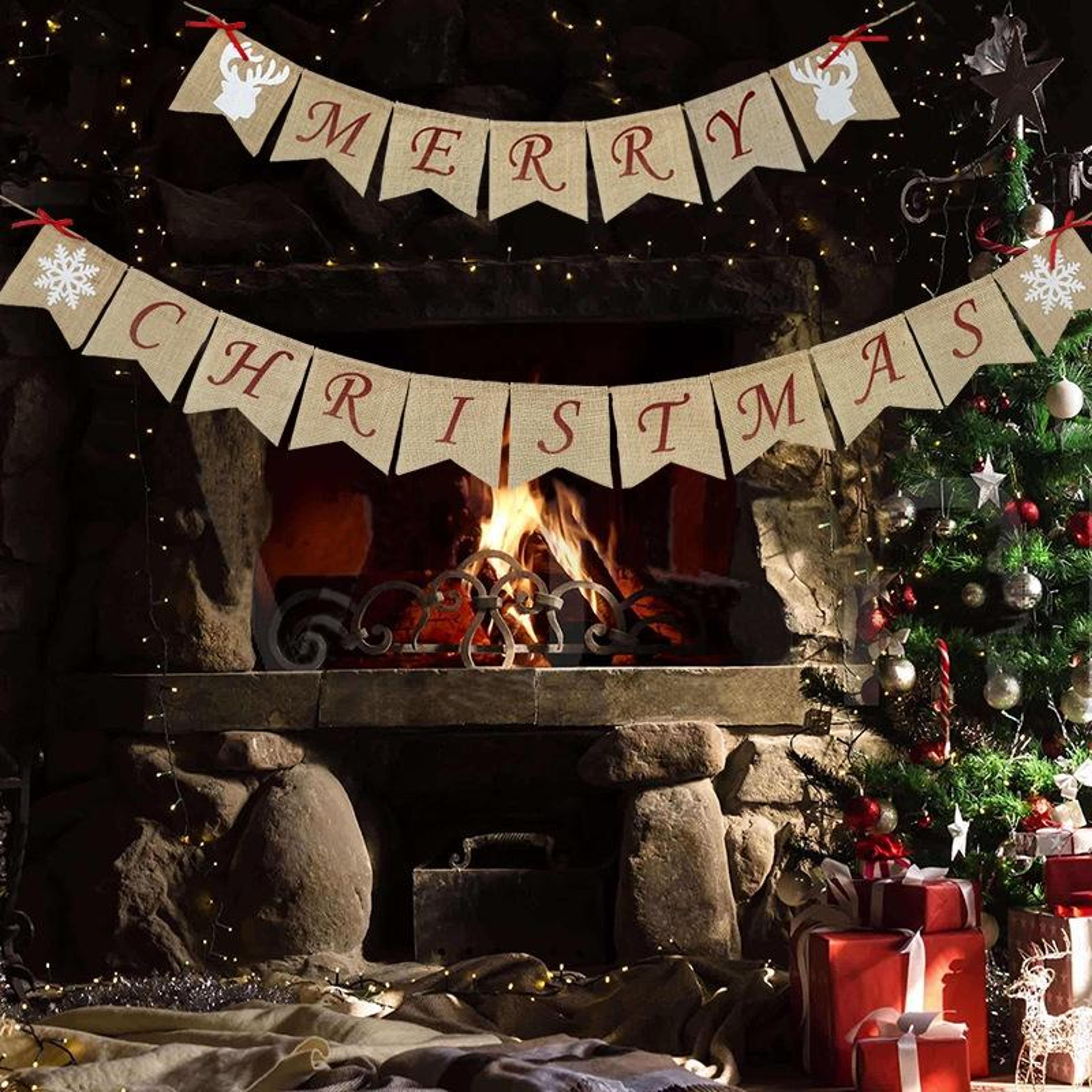 christmas party decoration set with merry christmas banner, hanging swirls and cake toppers