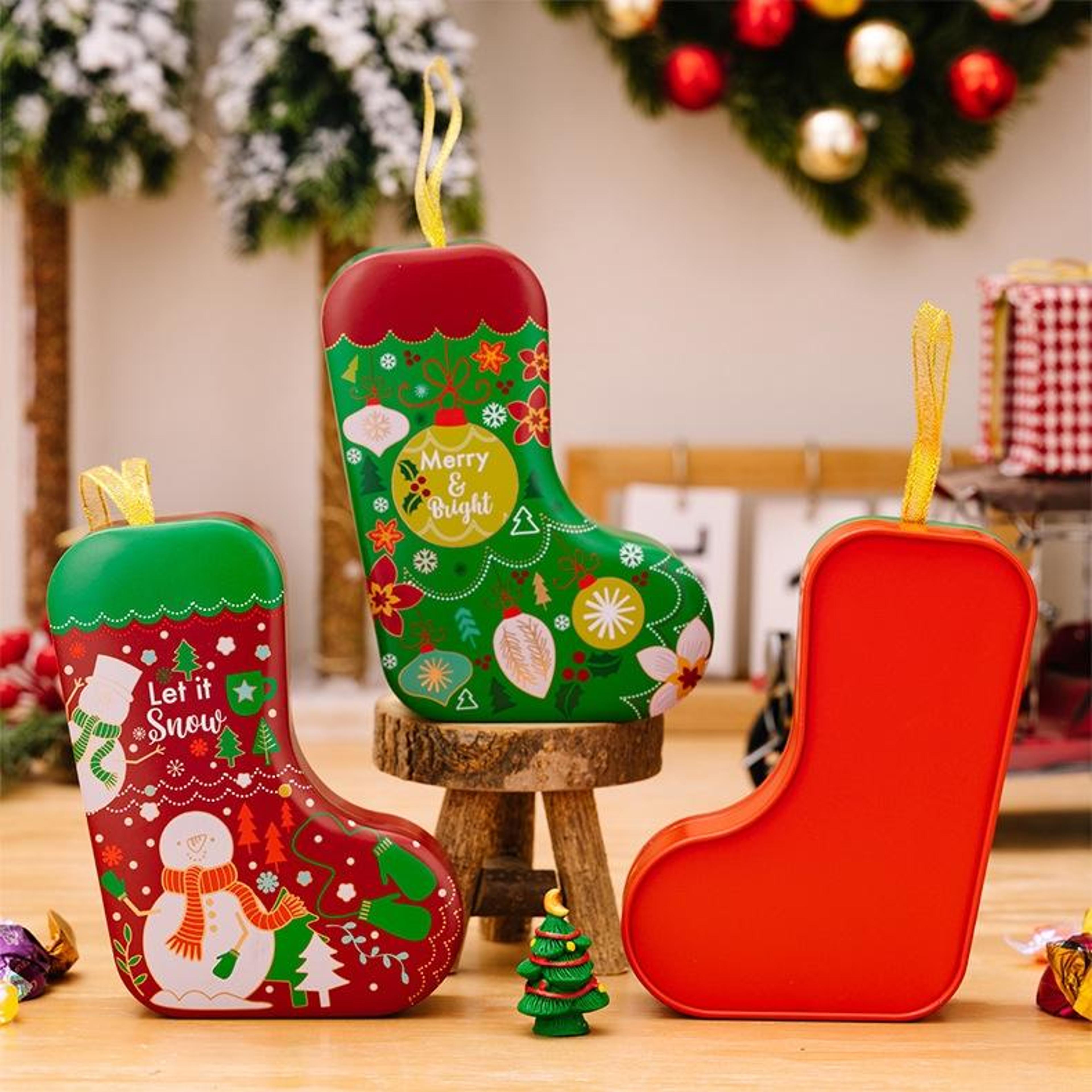 christmas stocking tin gift box and hanging christmas tree ornament
