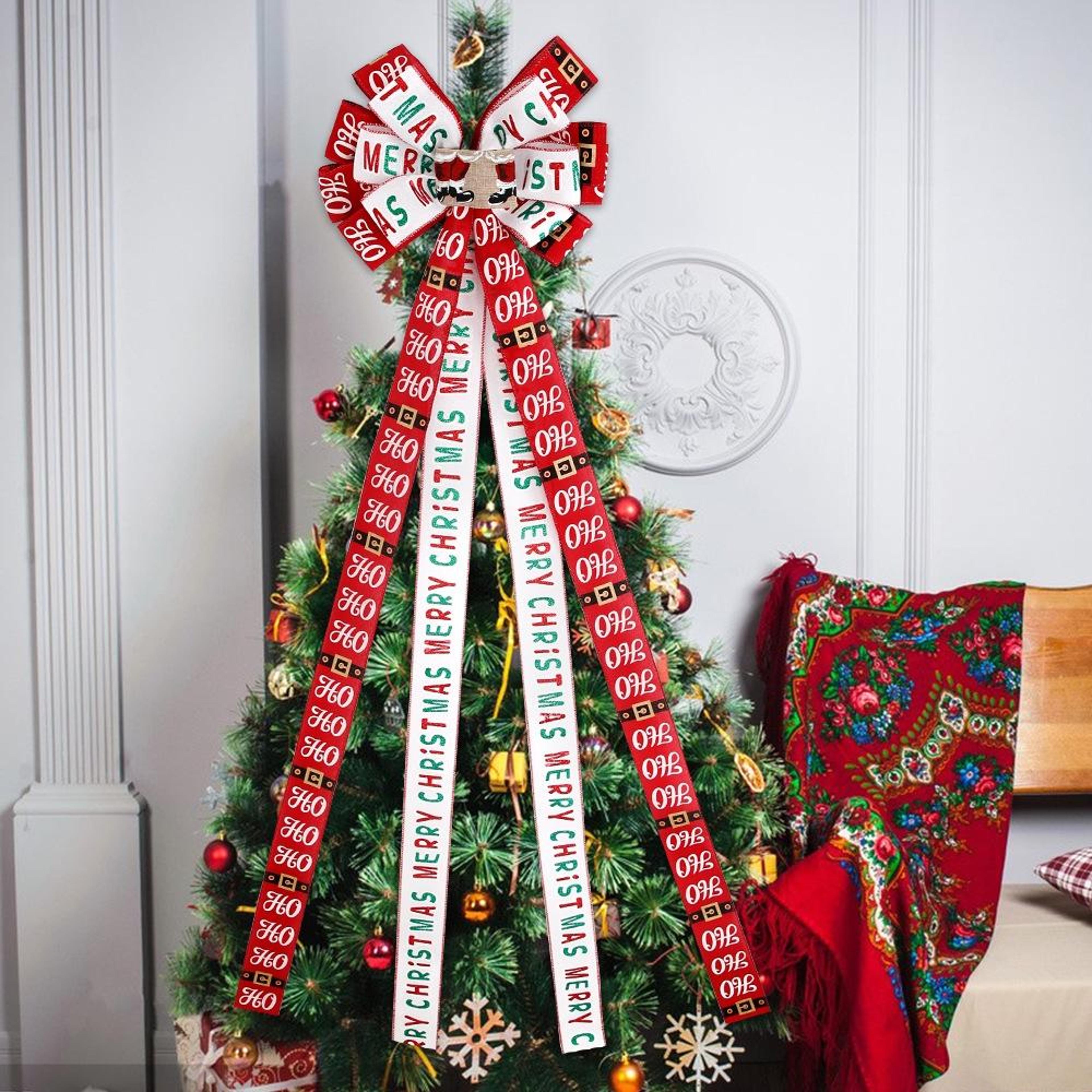 festive christmas tree topper bow red white imitation linen double layer christmas bow decoration