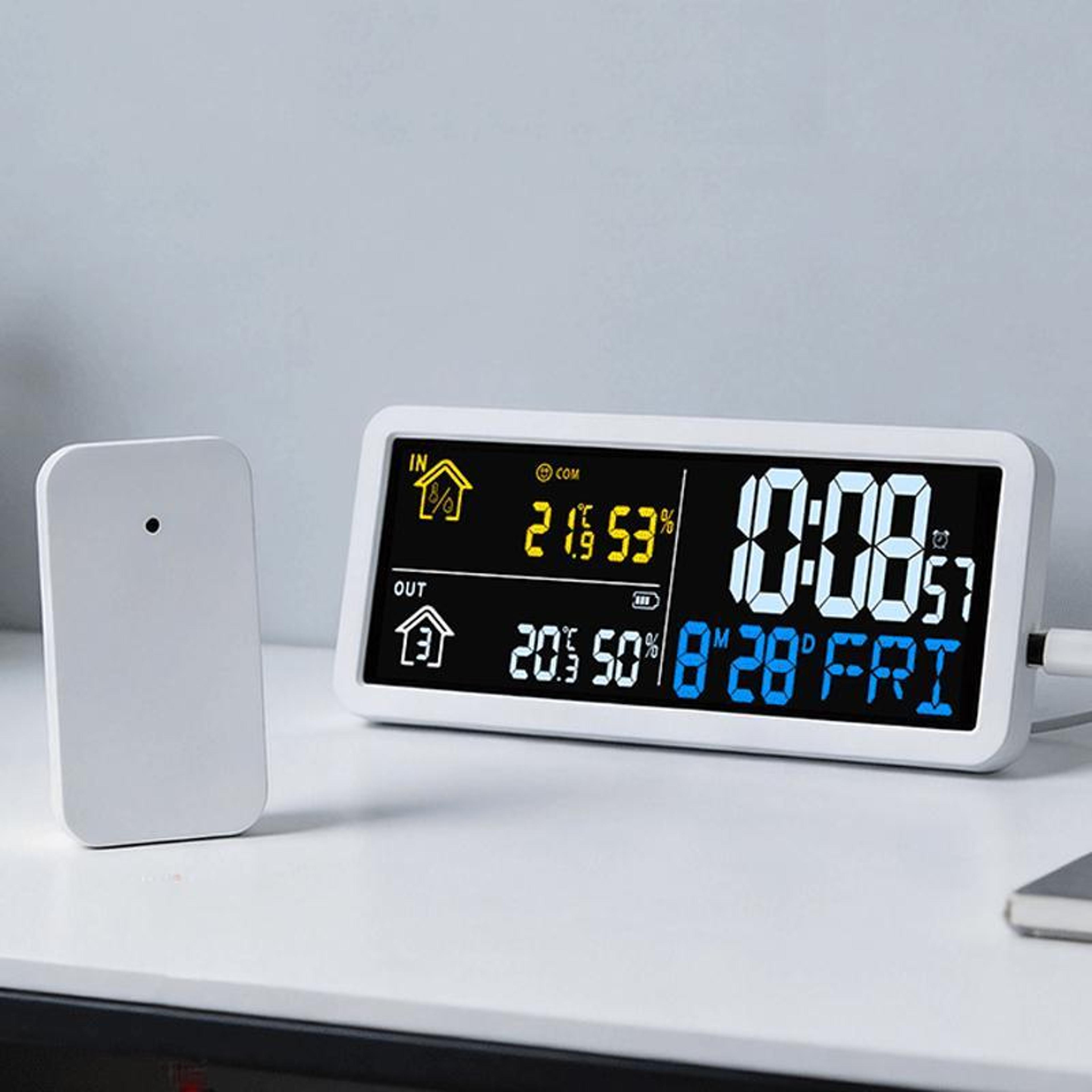 digital wall clock with wireless outdoor sensor and indoor outdoor temperature humidity monitor