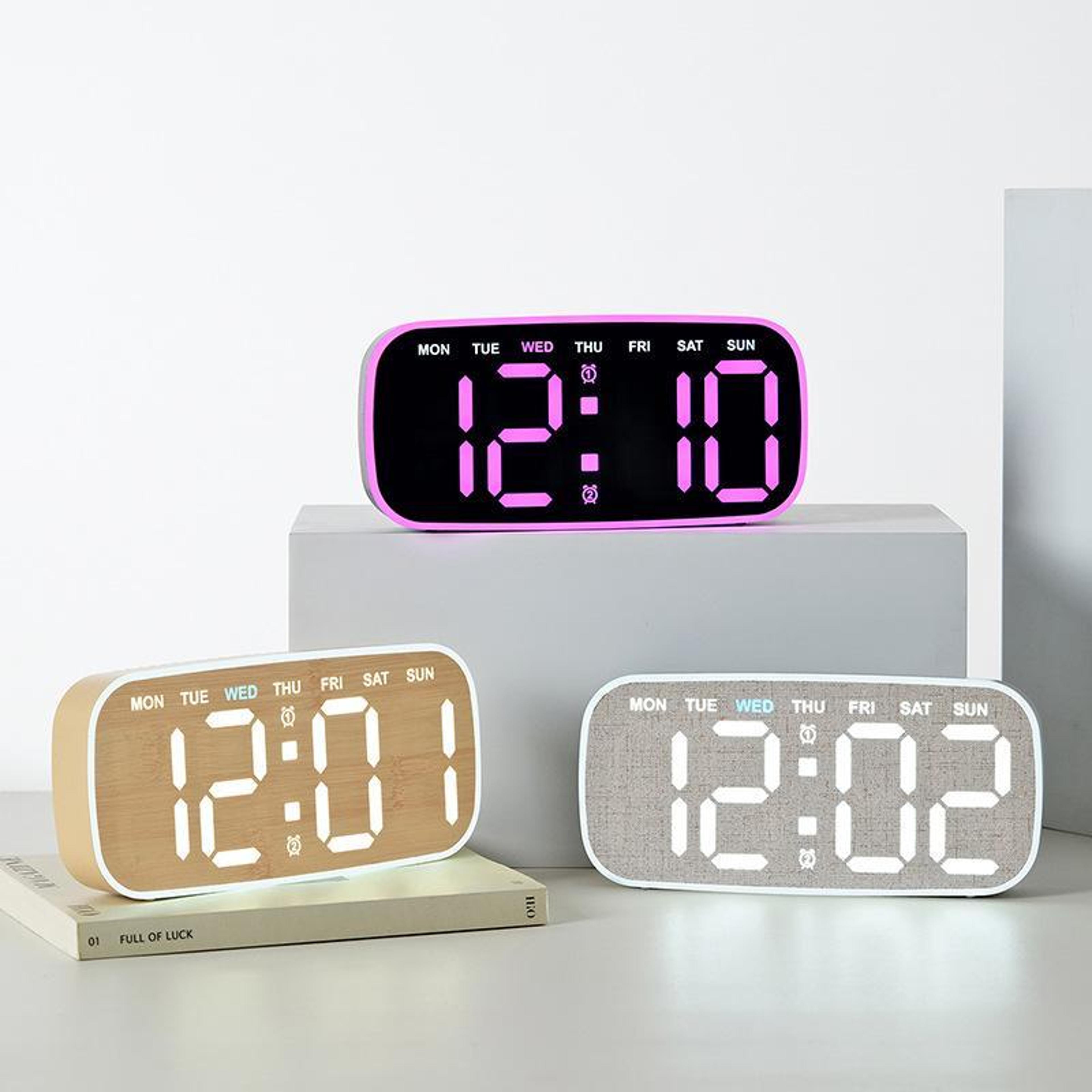 modern digital wall clock with large led display, date, week, temperature and adjustable brightness