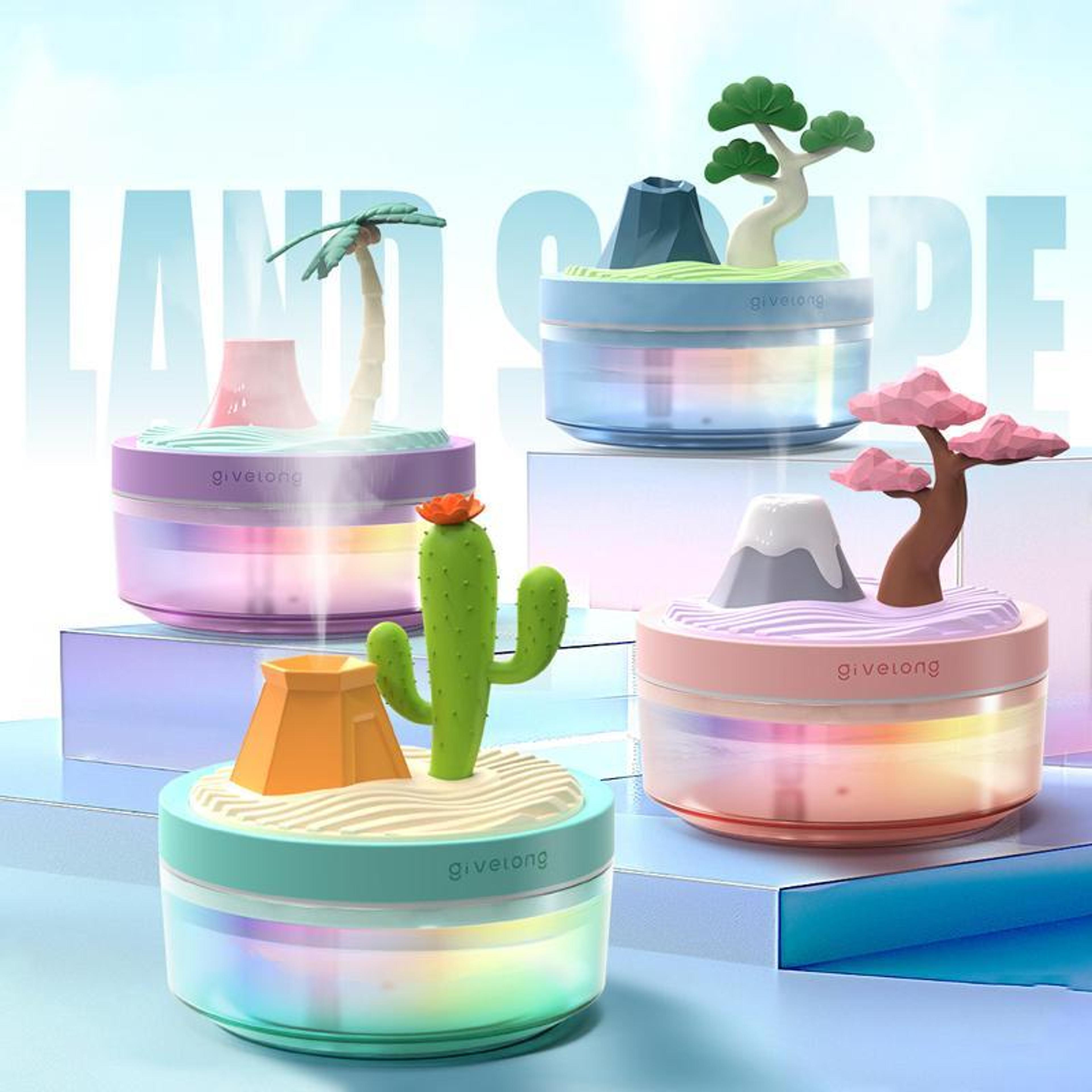 mini usb humidifier with pine tree landscape, night light and dual mist