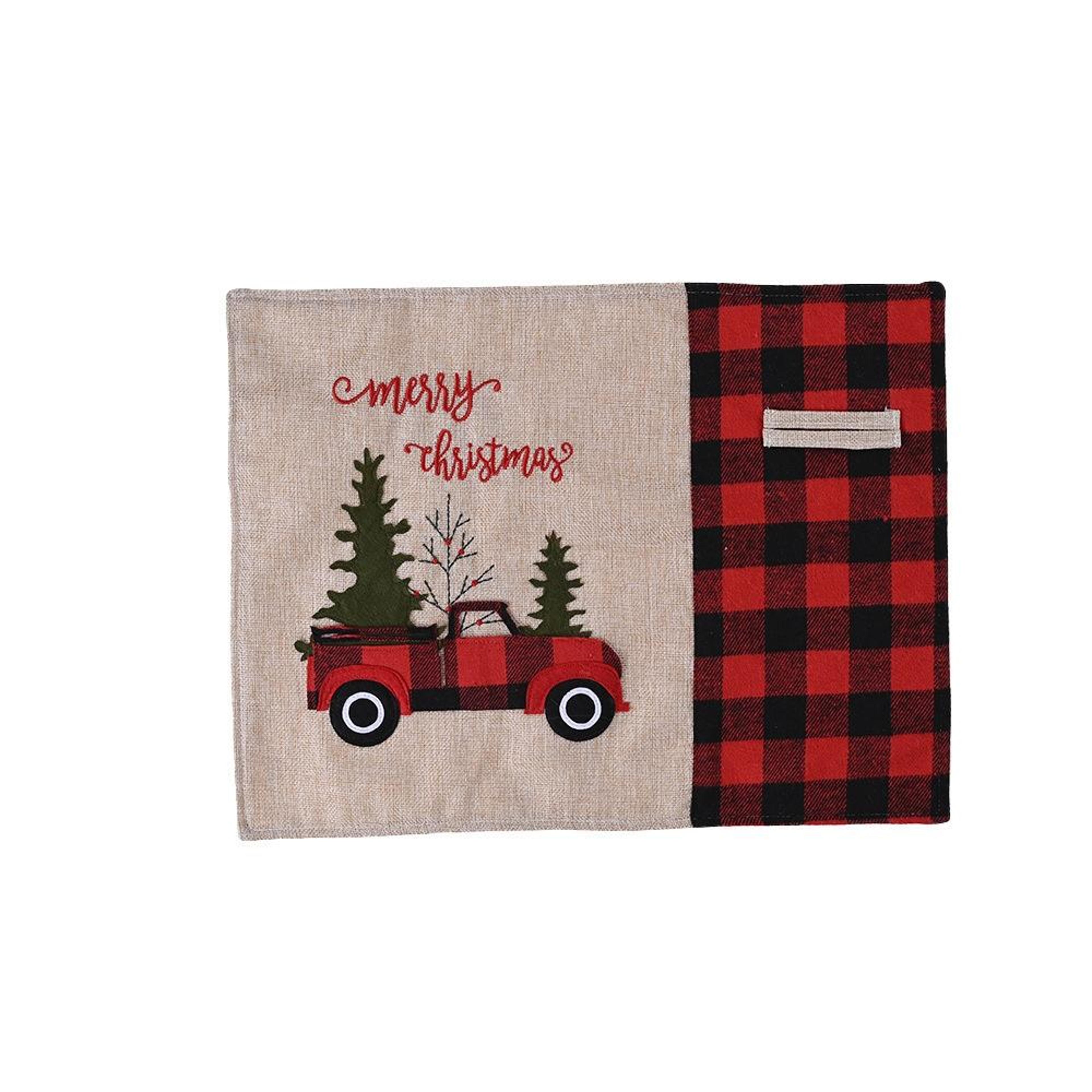 red black plaid christmas placemat with festive car design, linen-look holiday table decor