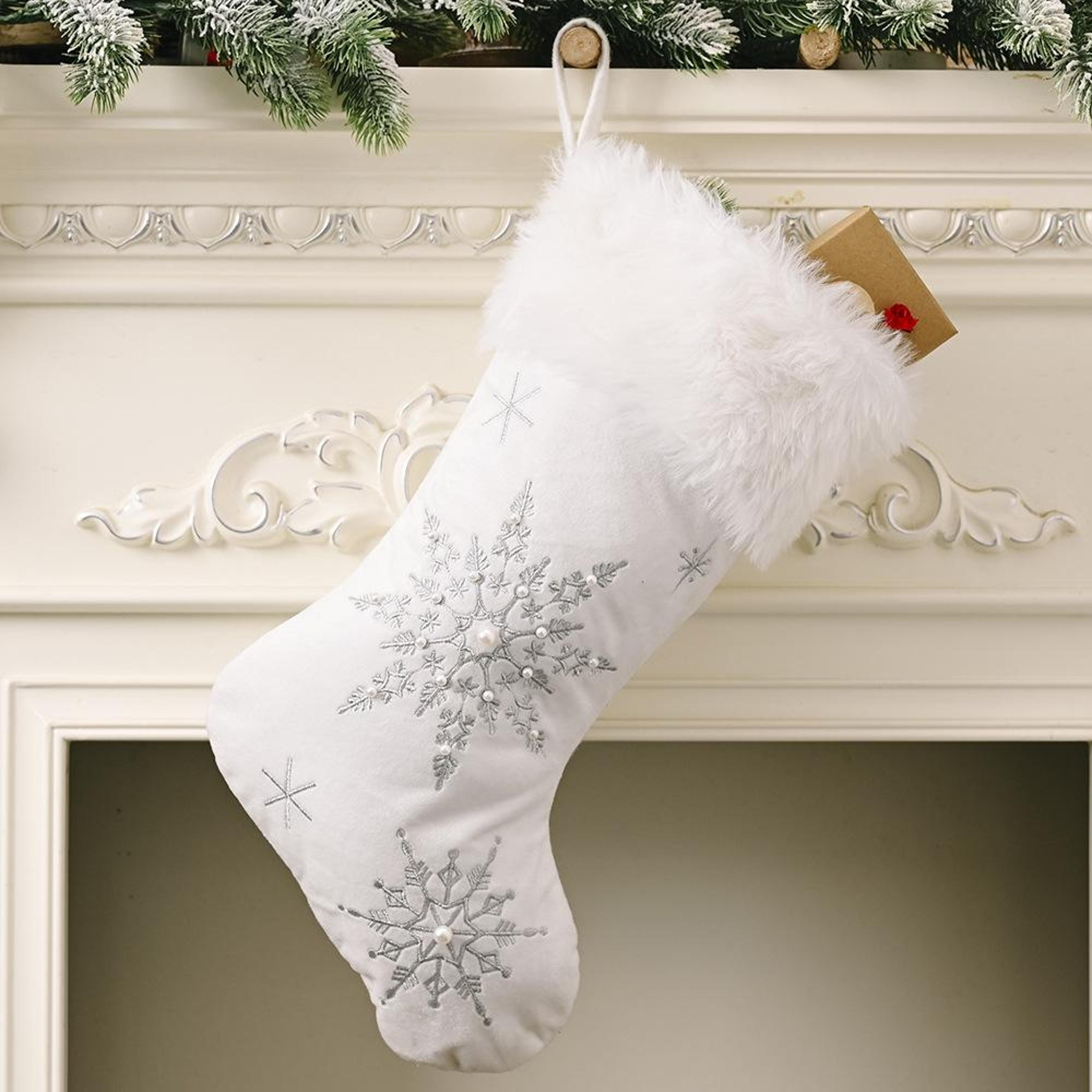 flannel snowflake christmas stocking with plush pearl holiday decor silver