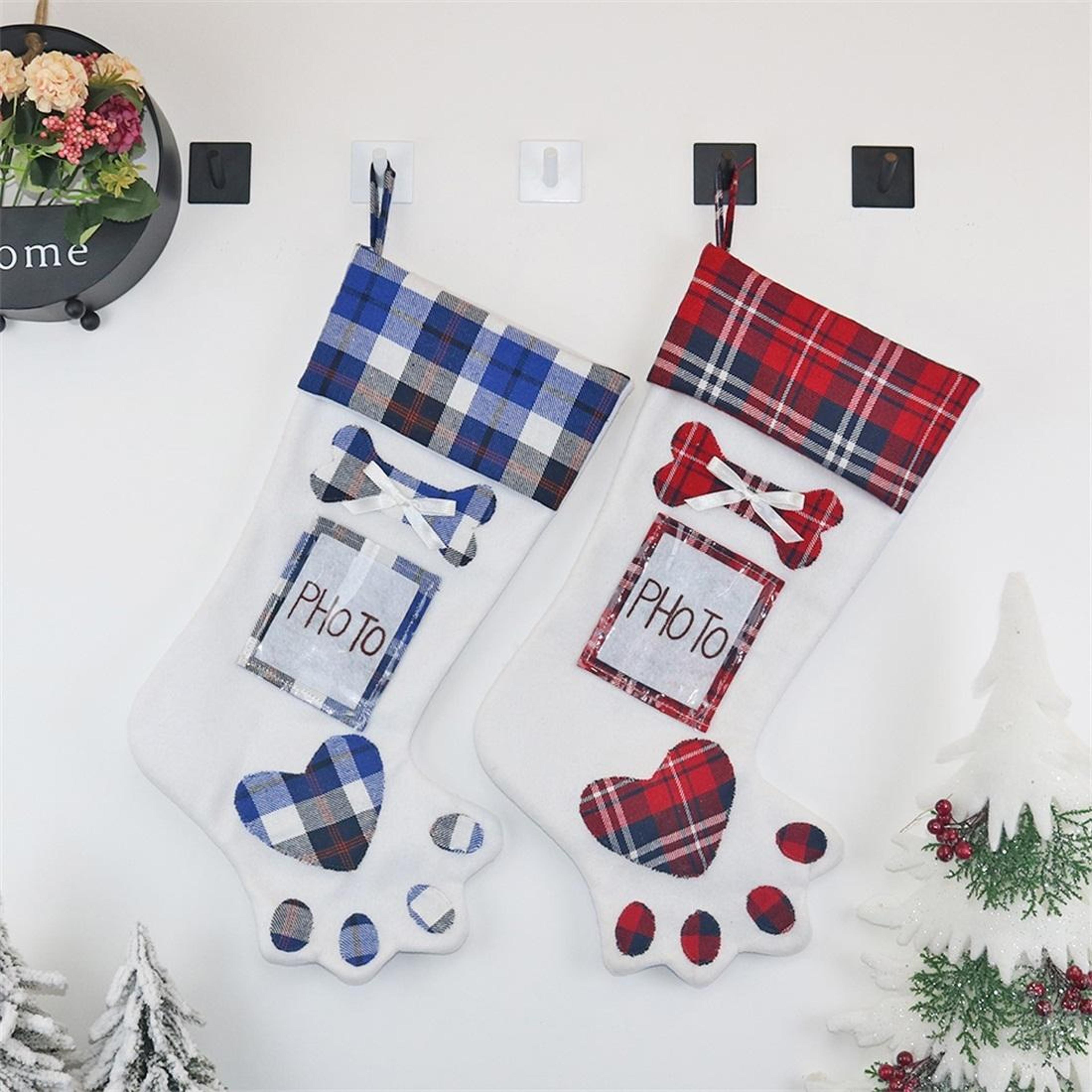 paw print pet christmas stocking with photo frame and large gift pocket