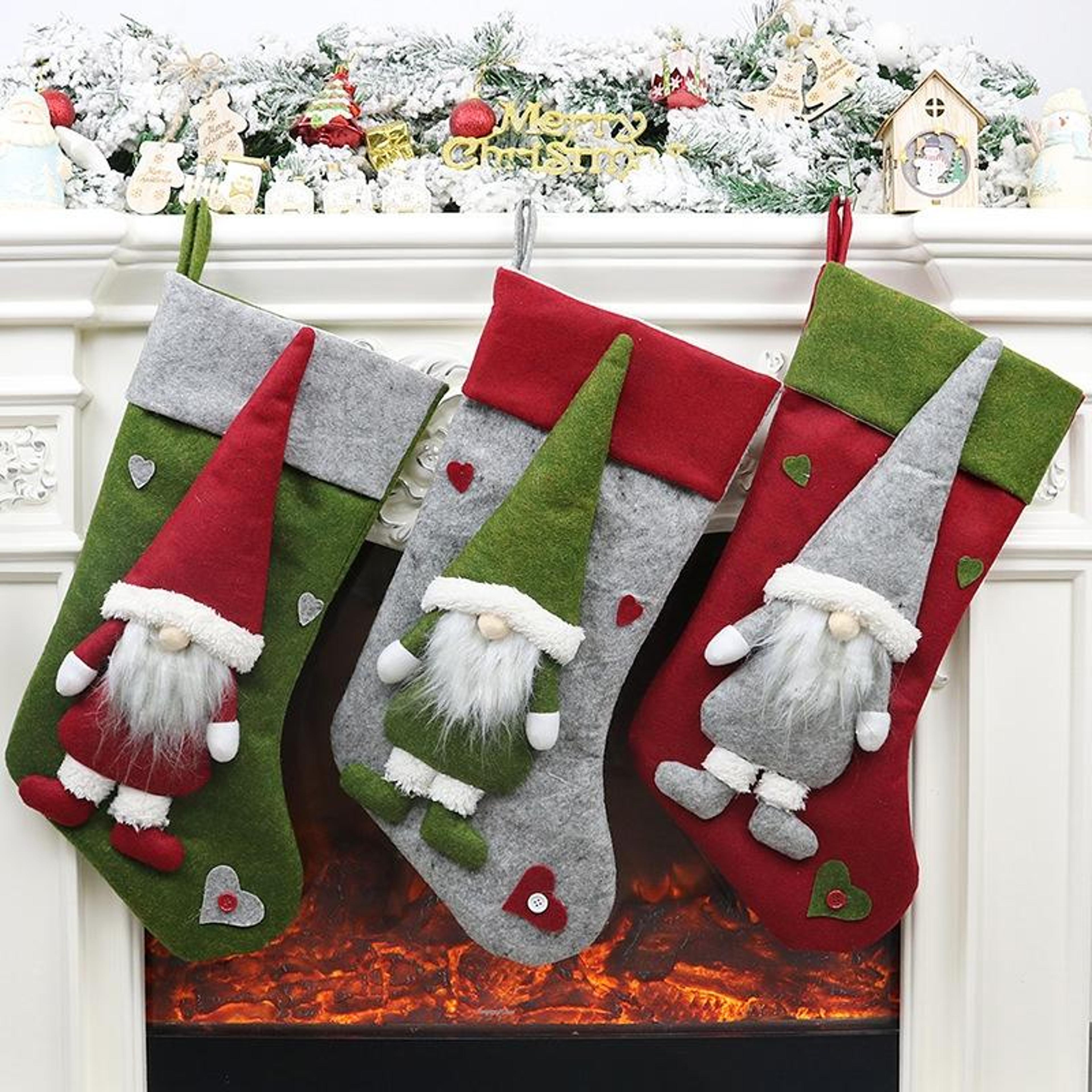 plush christmas gnome stocking gift bag for fireplace and holiday decor