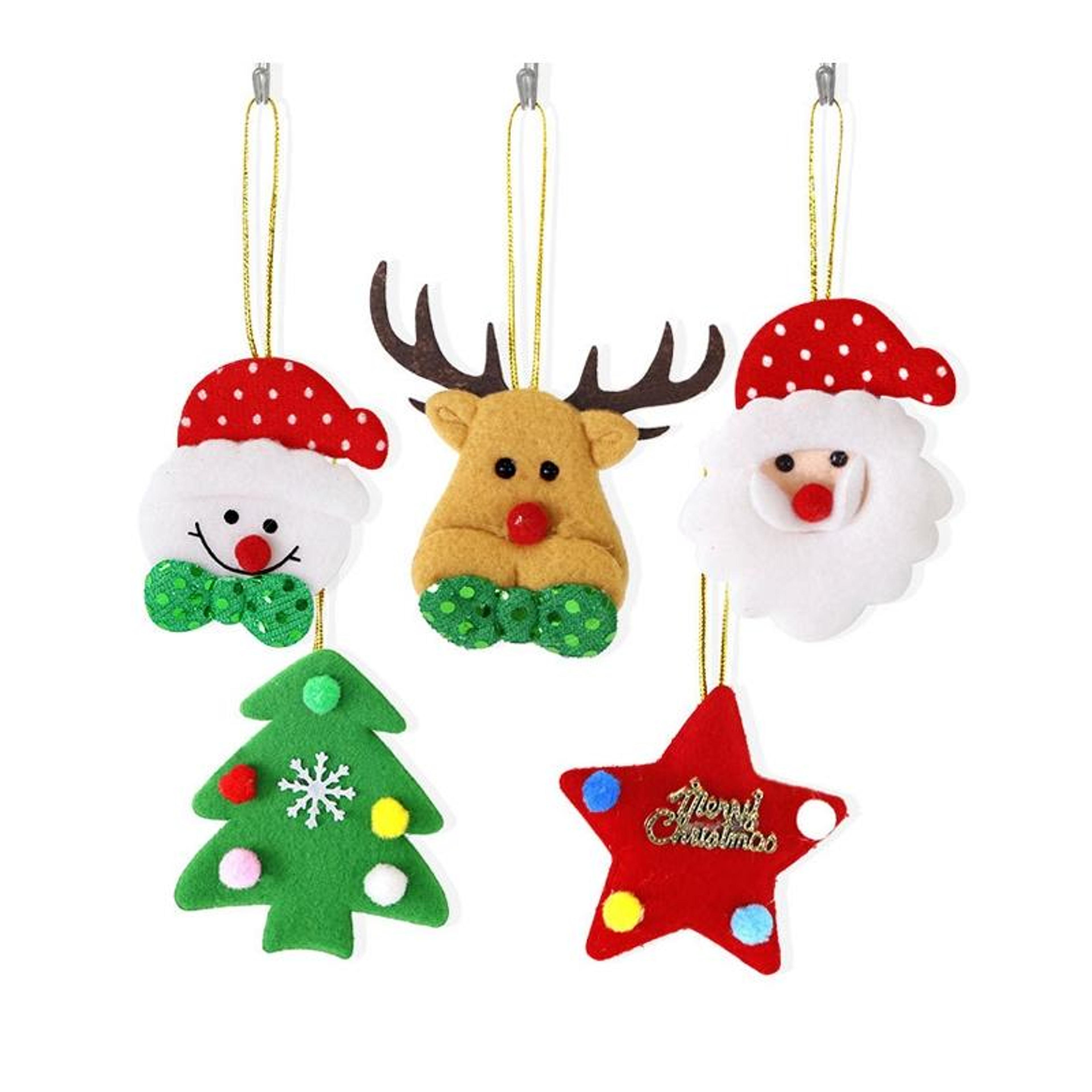 5pcs plush christmas tree ornaments set with santa, snowman, reindeer, star and tree