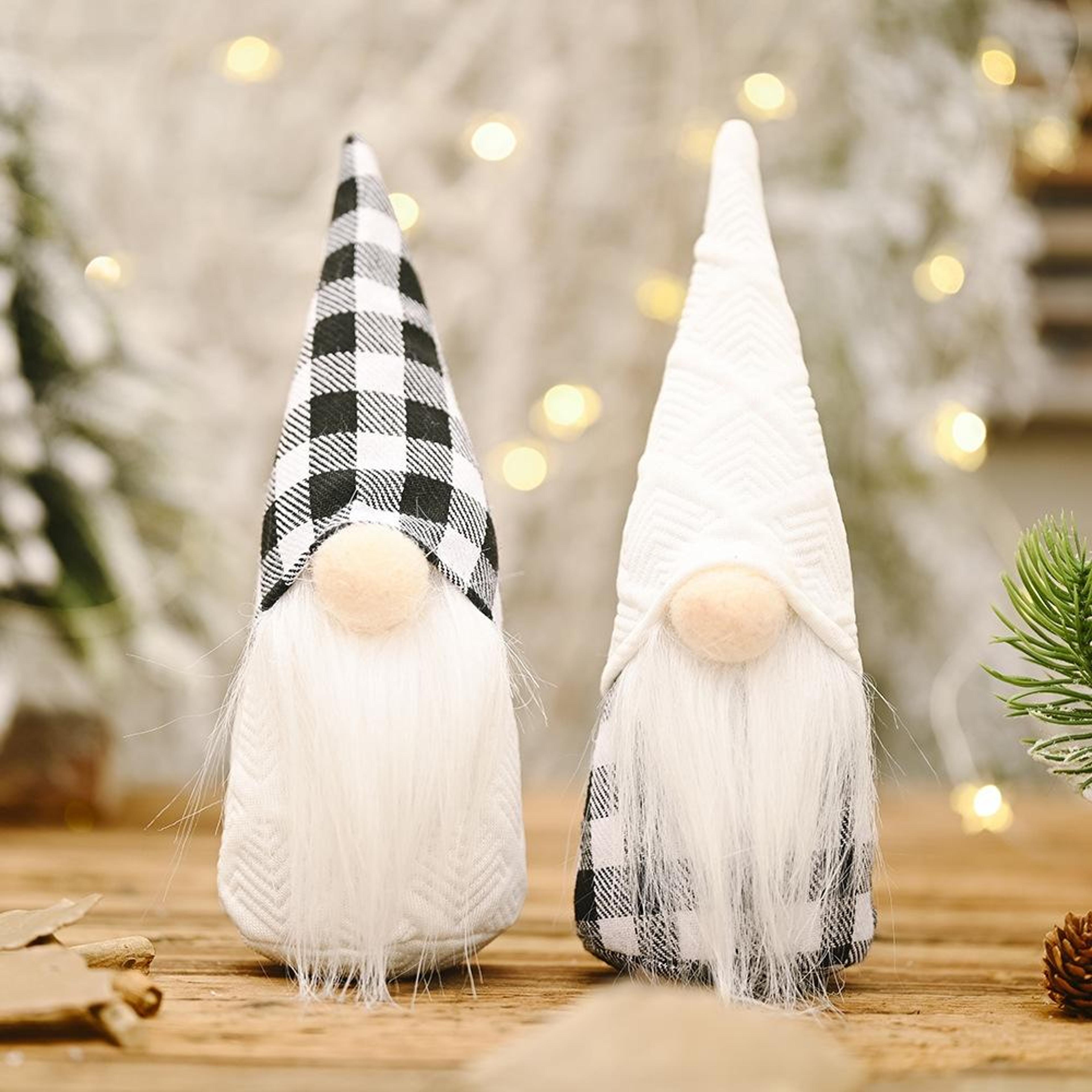 black & white plaid christmas gnome ornament, festive cloth holiday decoration