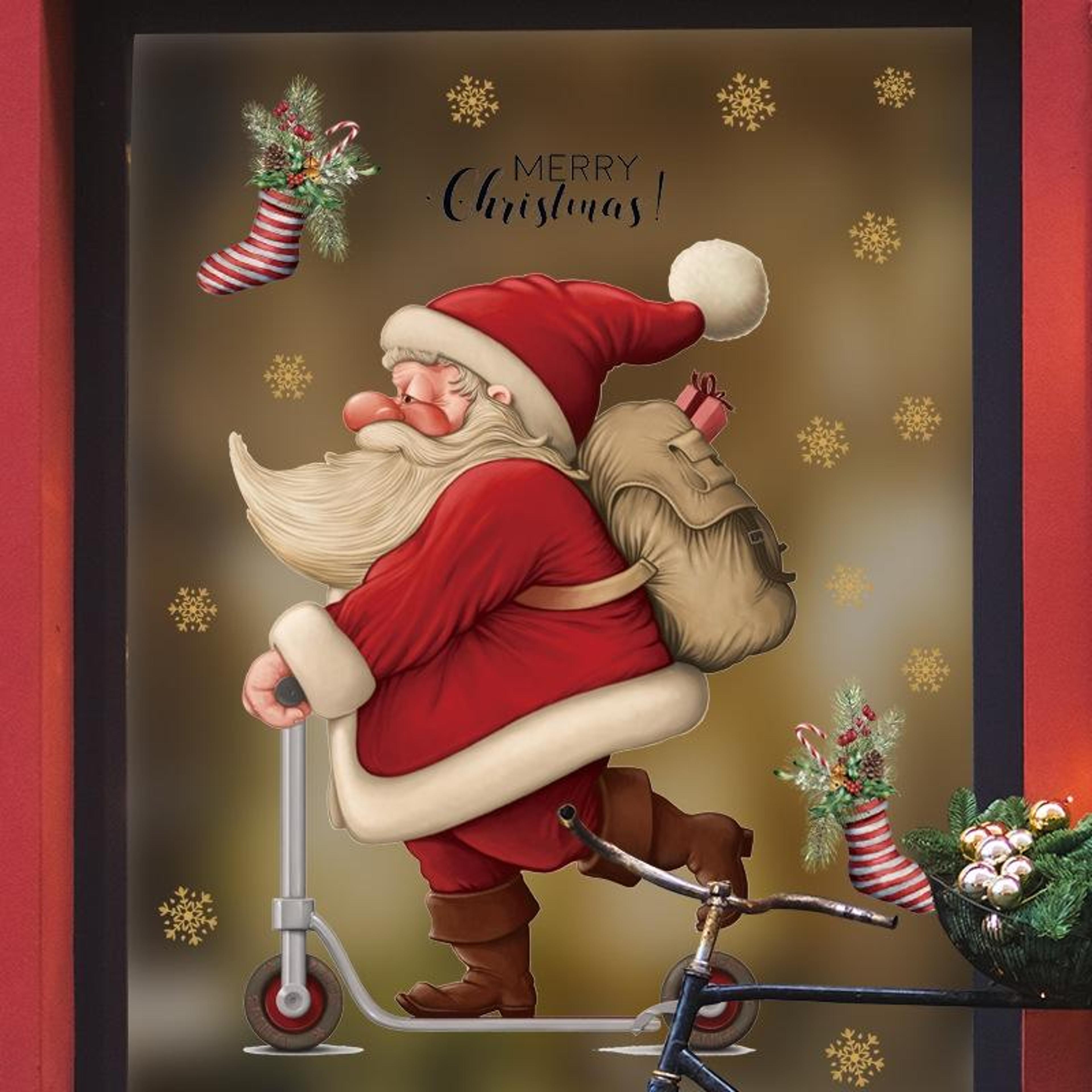 skateboard santa christmas window stickers, reusable static pvc holiday decor