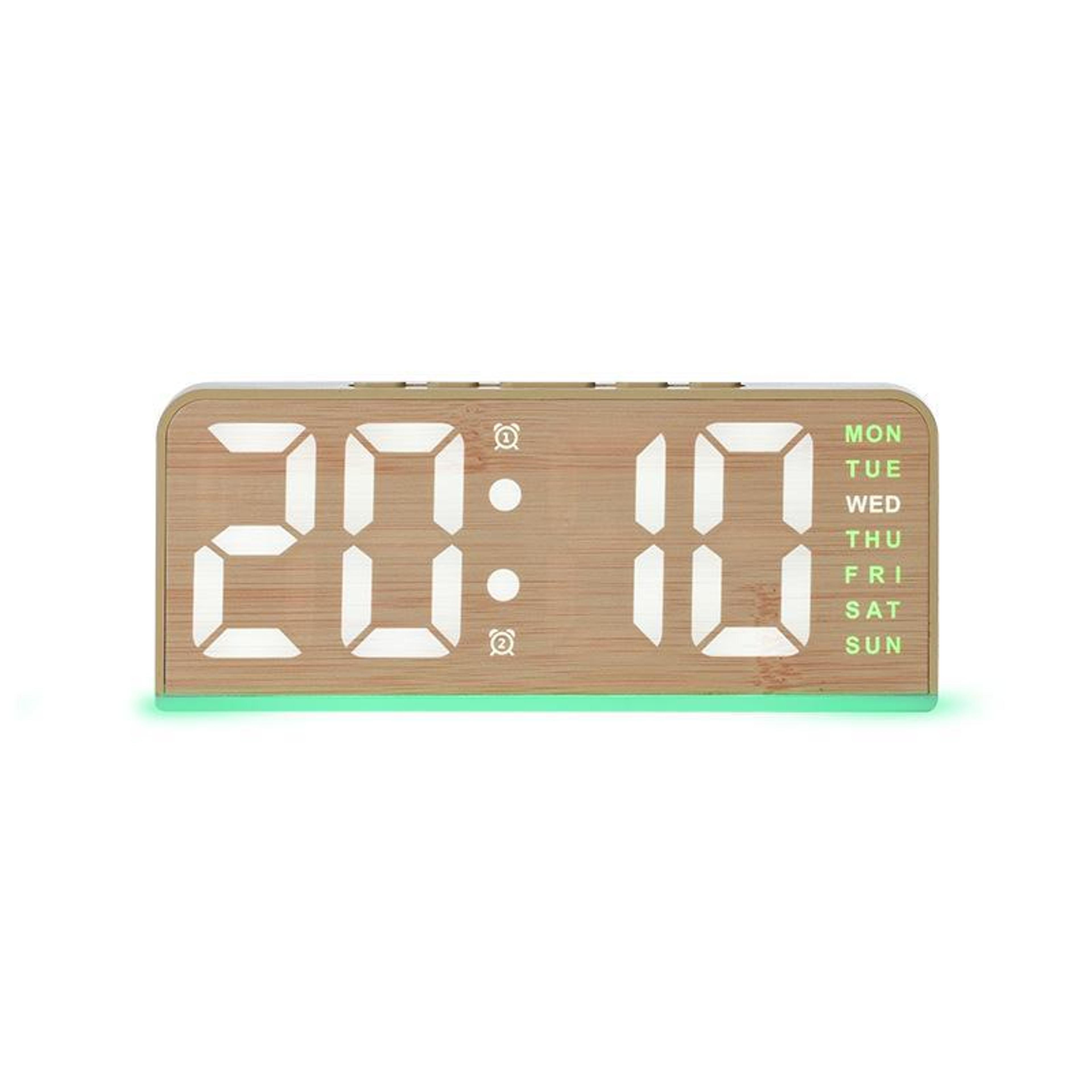 faux bamboo digital alarm clock with ambient light, led display, date, weekday and temperature