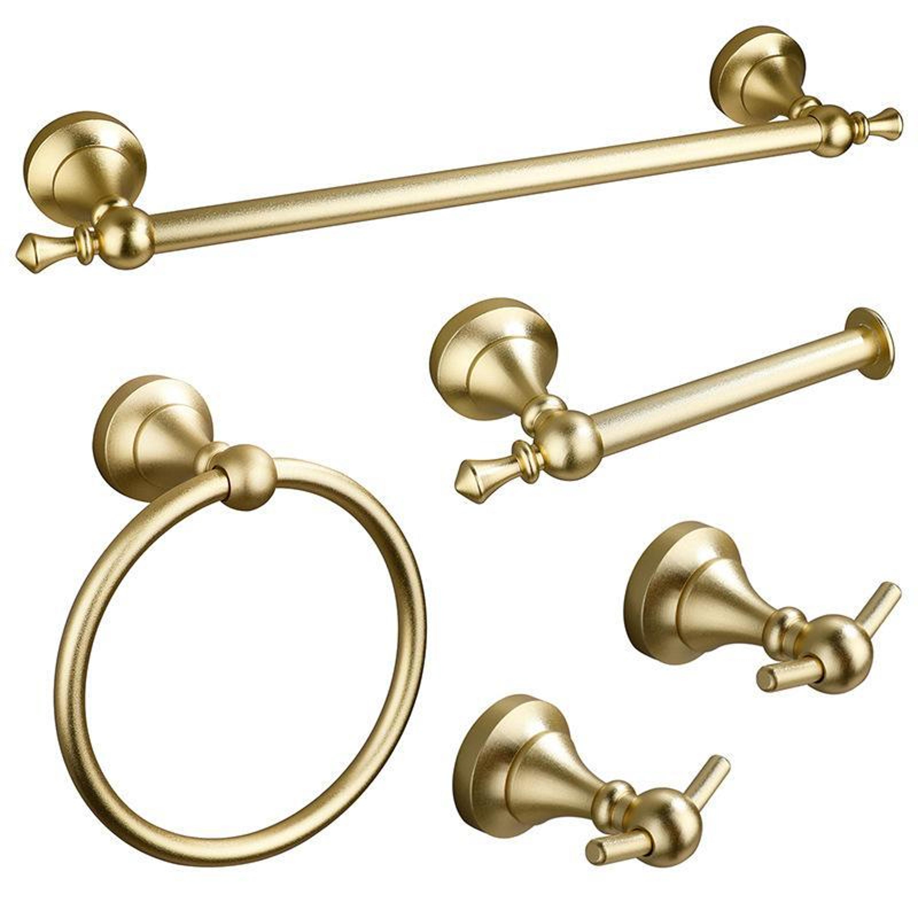 5-in-1 bathroom hardware set with aluminum towel bar, towel ring, paper holder and robe hooks