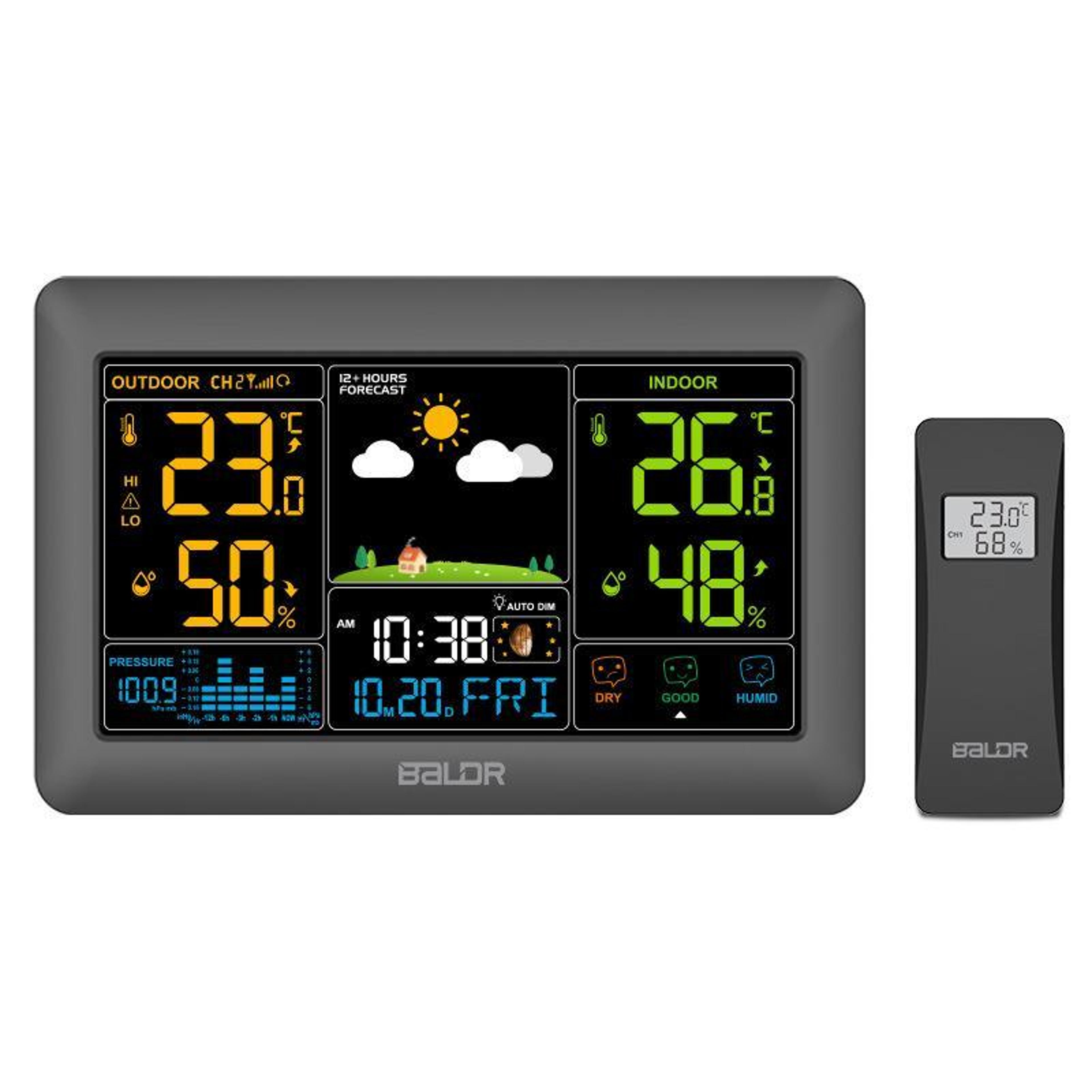 wireless weather station with indoor outdoor thermometer, color display, barometer and moon phase