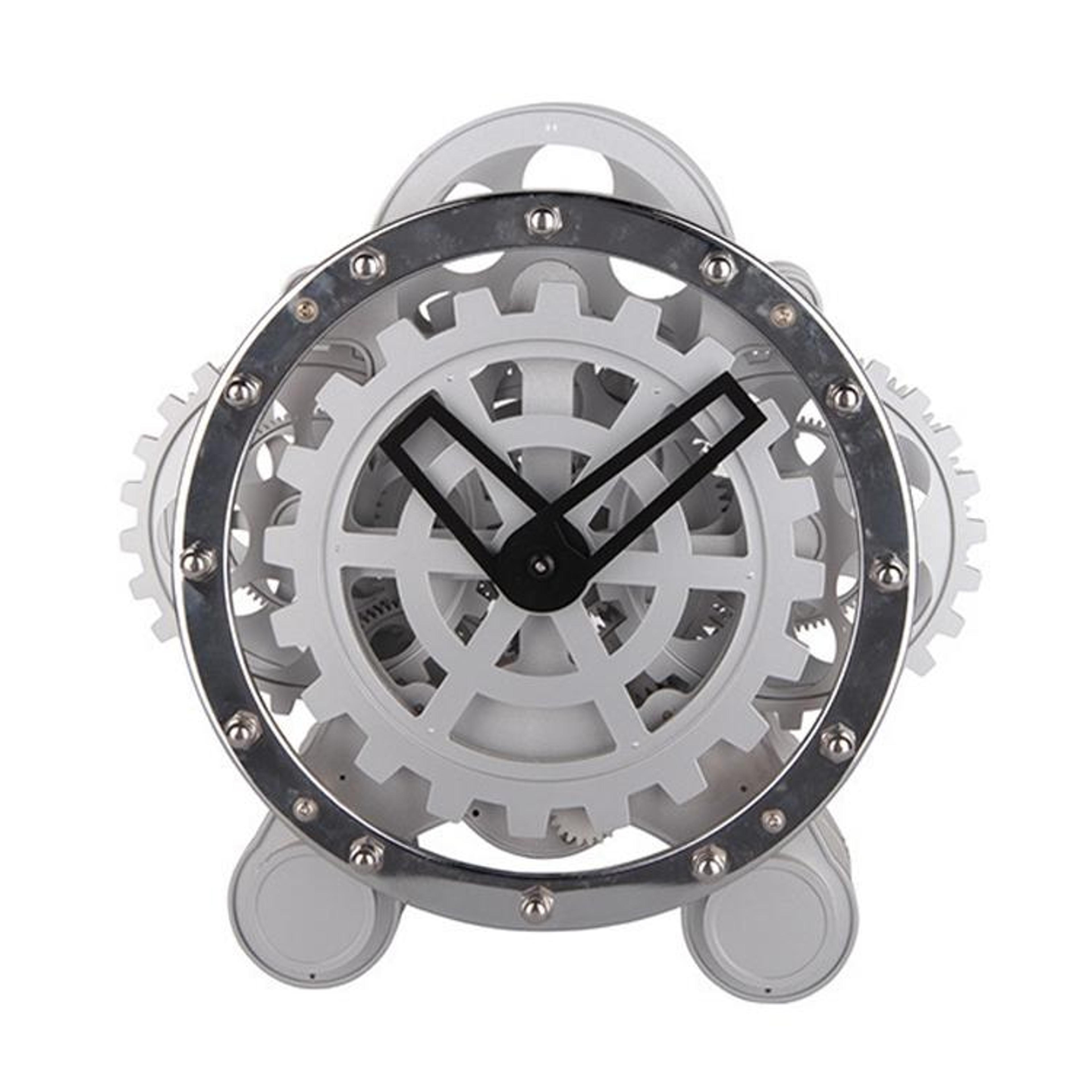 rotating gear decorative table clock with stainless steel base and quartz movement